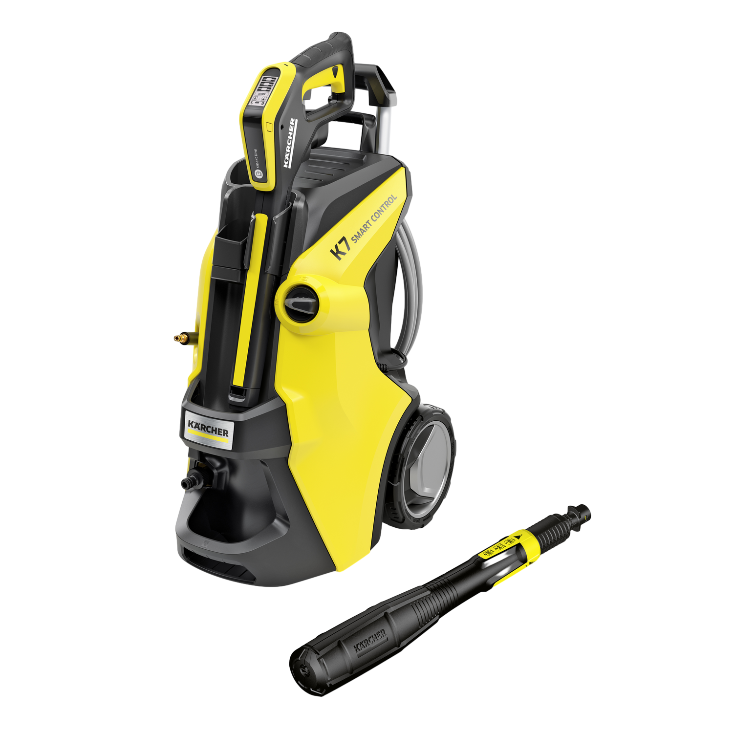 Geelzwarte Kärcher K7 Smart Control hogedrukreiniger met spuitmond op een zwarte achtergrond.