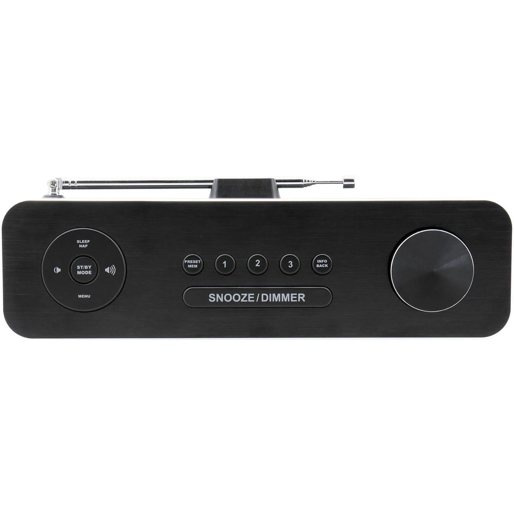 Ein schwarzes Radio mit Knöpfen, einem Drehregler und einer ausziehbaren Antenne.