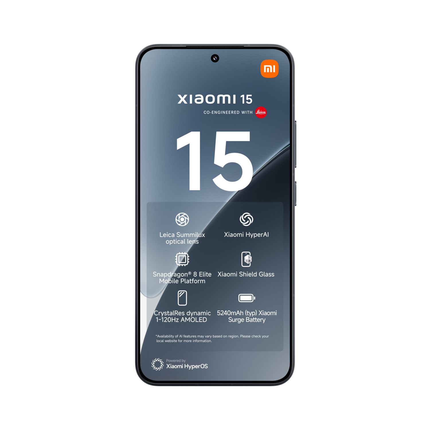 Xiaomi 15 telefoon, met informatie op het scherm en functies, op een zwarte achtergrond. De camera staat bovenaan.