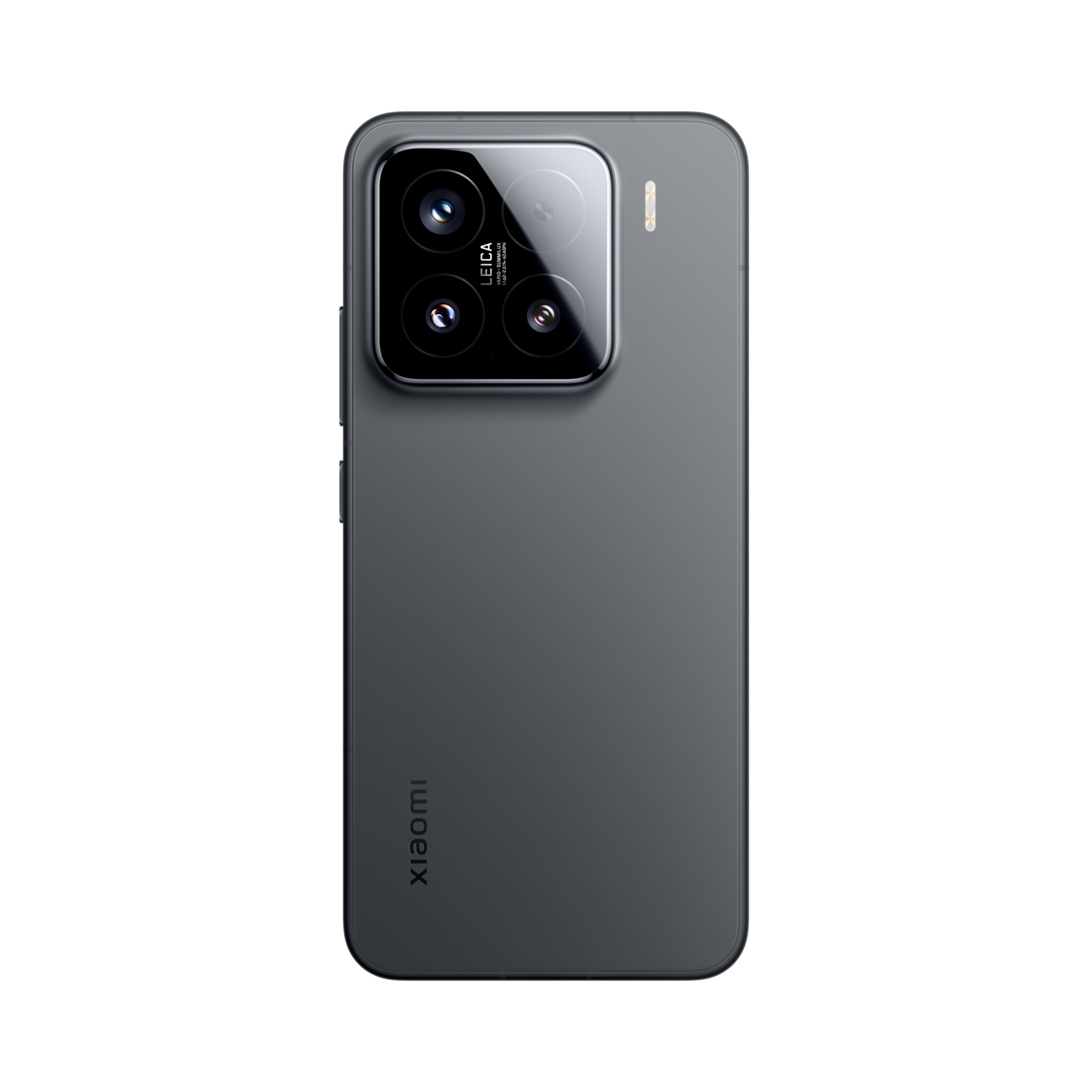 Grijze smartphone achterkant met drie camera's, Leica branding, Xiaomi logo.