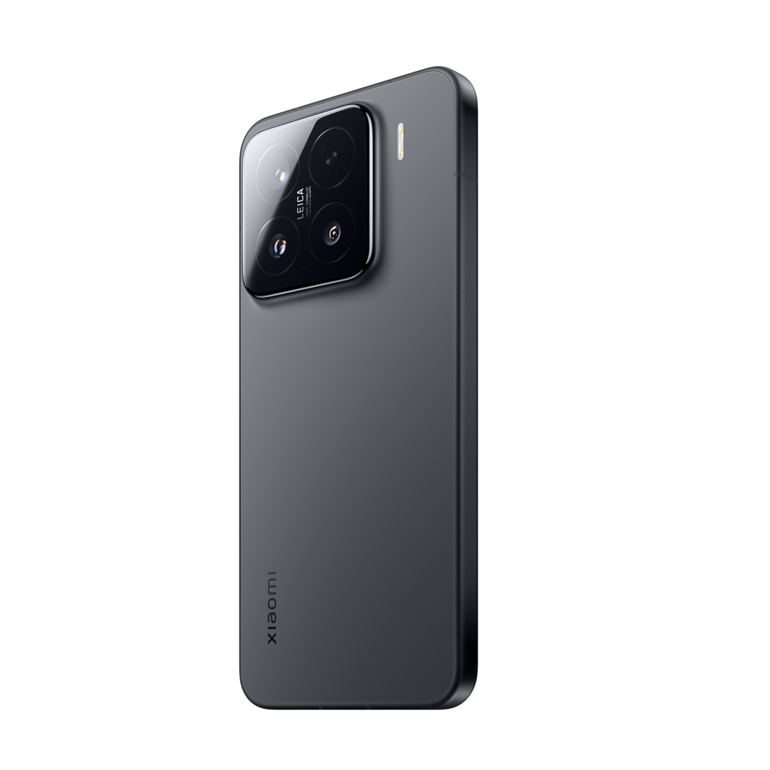 Xiaomi-telefoon, donkergrijs, op zwarte achtergrond. Drie cameralenzen. Leica-logo.