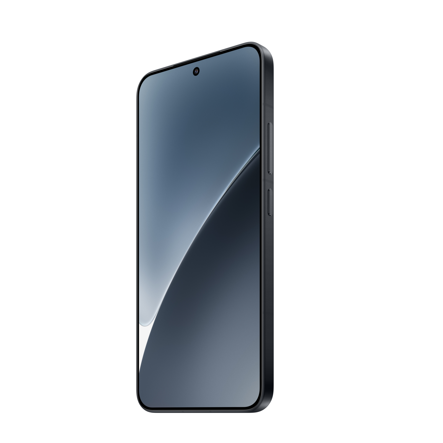 Donkergrijze smartphone met gradiëntscherm, zwart frame en knoppen op zwarte achtergrond.