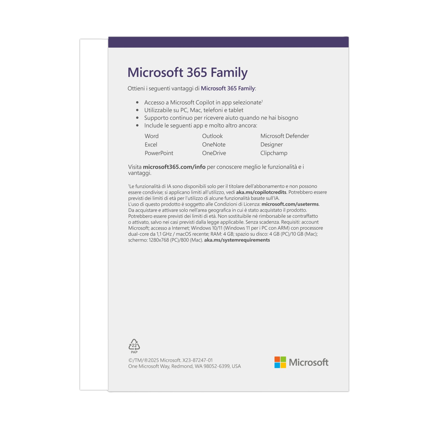 Testo su Microsoft 365 Family. Include un logo e un elenco di funzionalità e vantaggi.