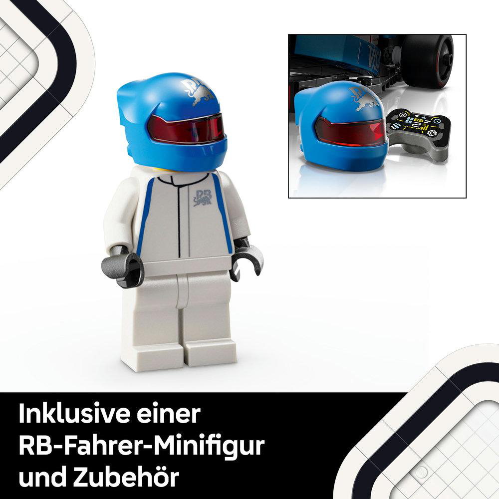 Lego-Figur eines Rennfahrers mit Helm und Zubehör.