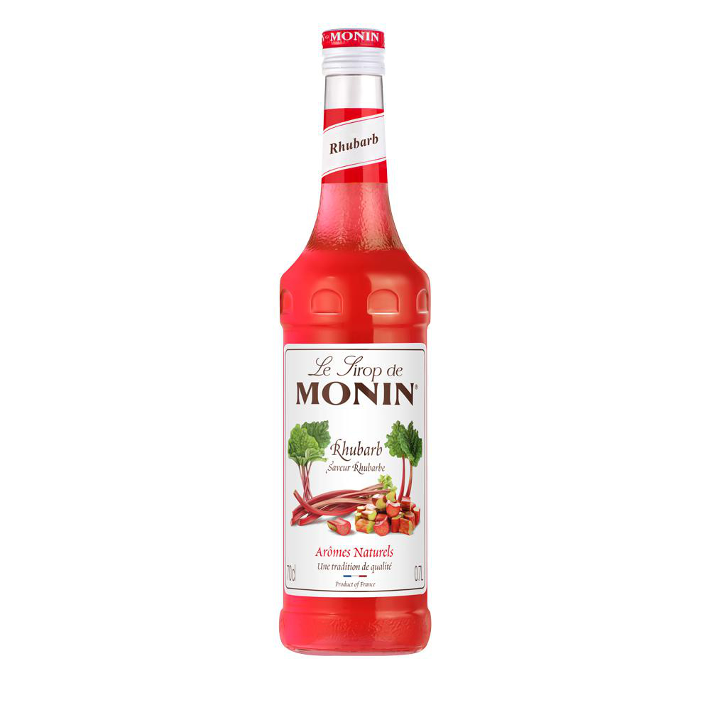 Eine Monin Rhabarber-Sirup-Flasche. Sie ist rot mit einer Rhabarber-Illustration. Das Etikett zeigt 'Rhabarber' und 'Le sirop de Monin'.