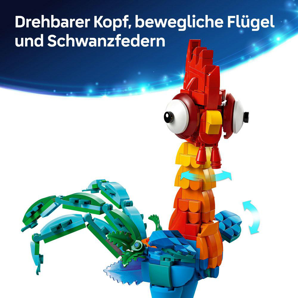 Farbenfrohes LEGO-Hahnmodell mit beweglichem Kopf, Flügeln und Schwanzfedern.