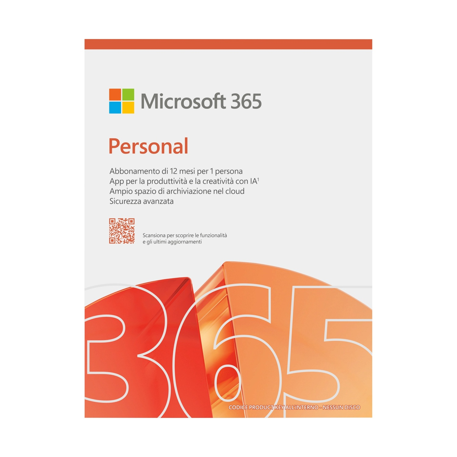 Scatola del prodotto Microsoft 365 Personal con logo e testo. La scatola è principalmente rossa e bianca.
