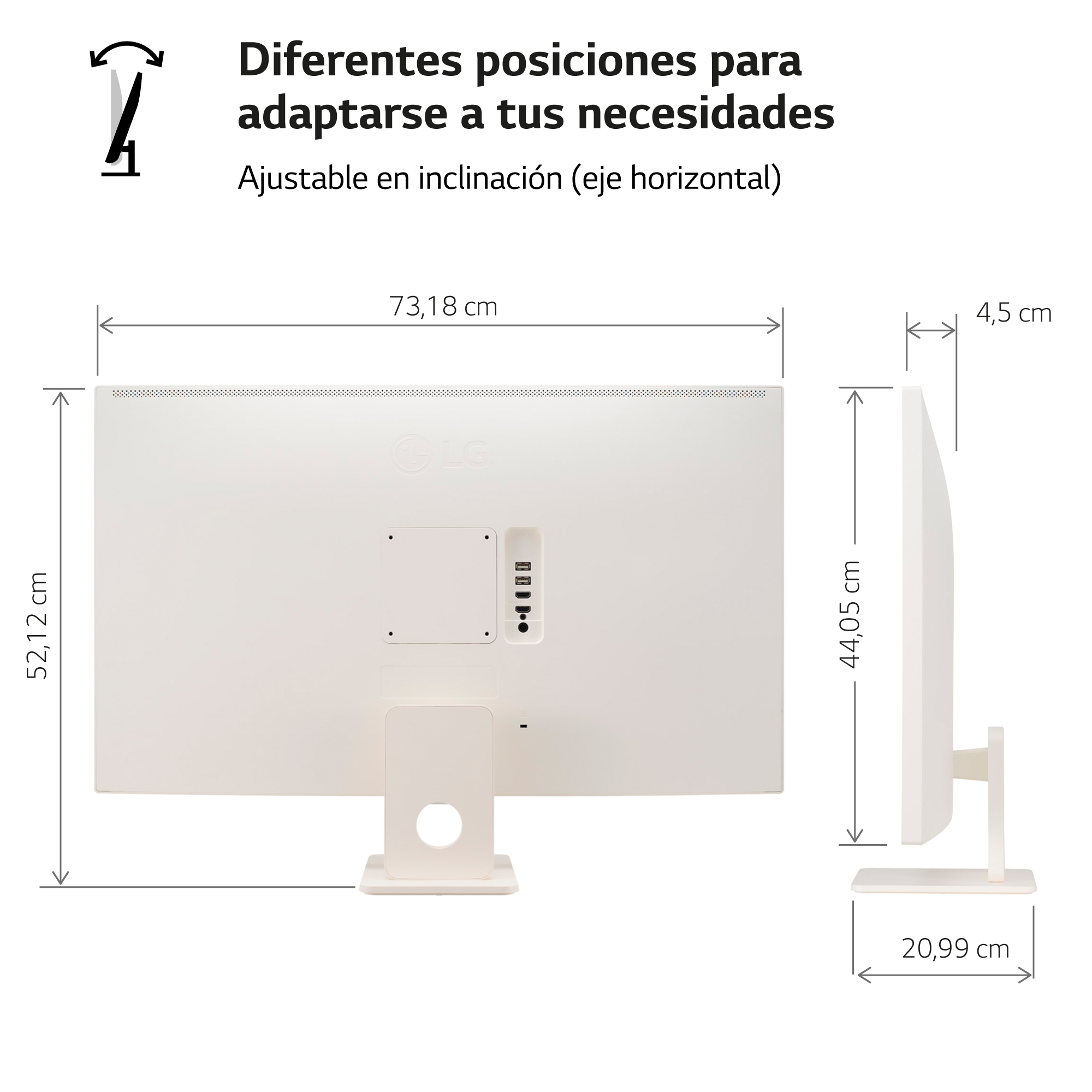 Monitor blanco con medidas, mostrando múltiples posiciones.