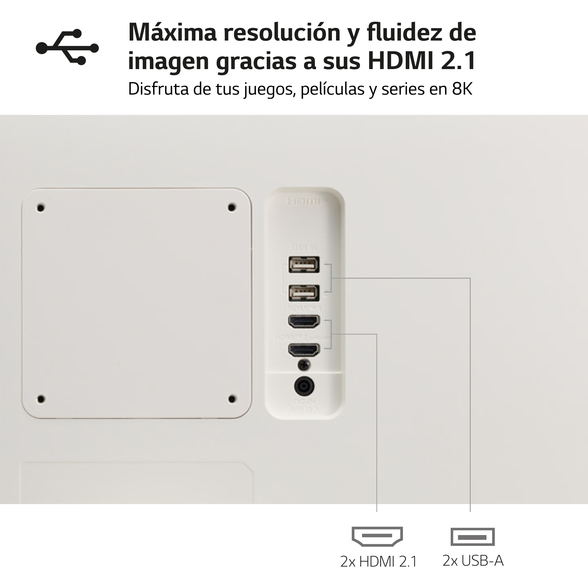 Primer plano de la parte trasera de un dispositivo blanco con puertos de conexión. El texto dice para video 8K y HDMI 2.1.