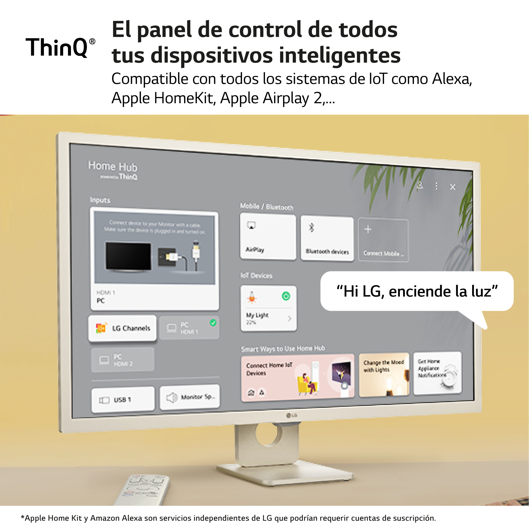 Pantalla de TV mostrando la interfaz del centro del hogar. Mando a distancia en primer plano.