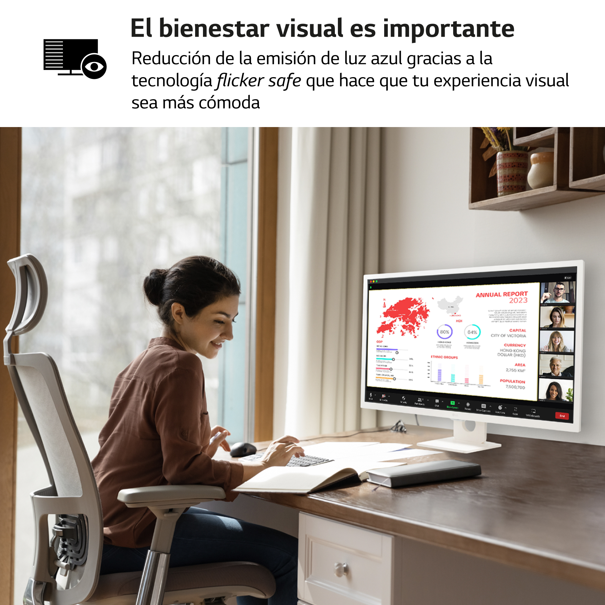Mujer trabajando en escritorio, mirando monitor. Texto sobre salud visual. Monitor blanco.