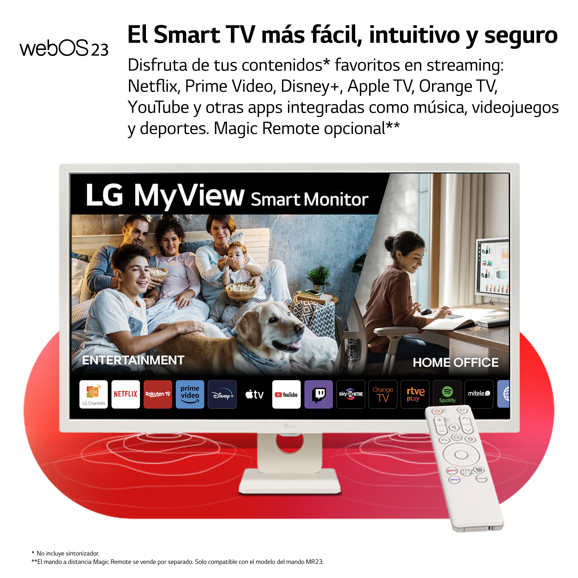 Un televisor que muestra una página web con una familia y un perro. Un mando a distancia en primer plano.