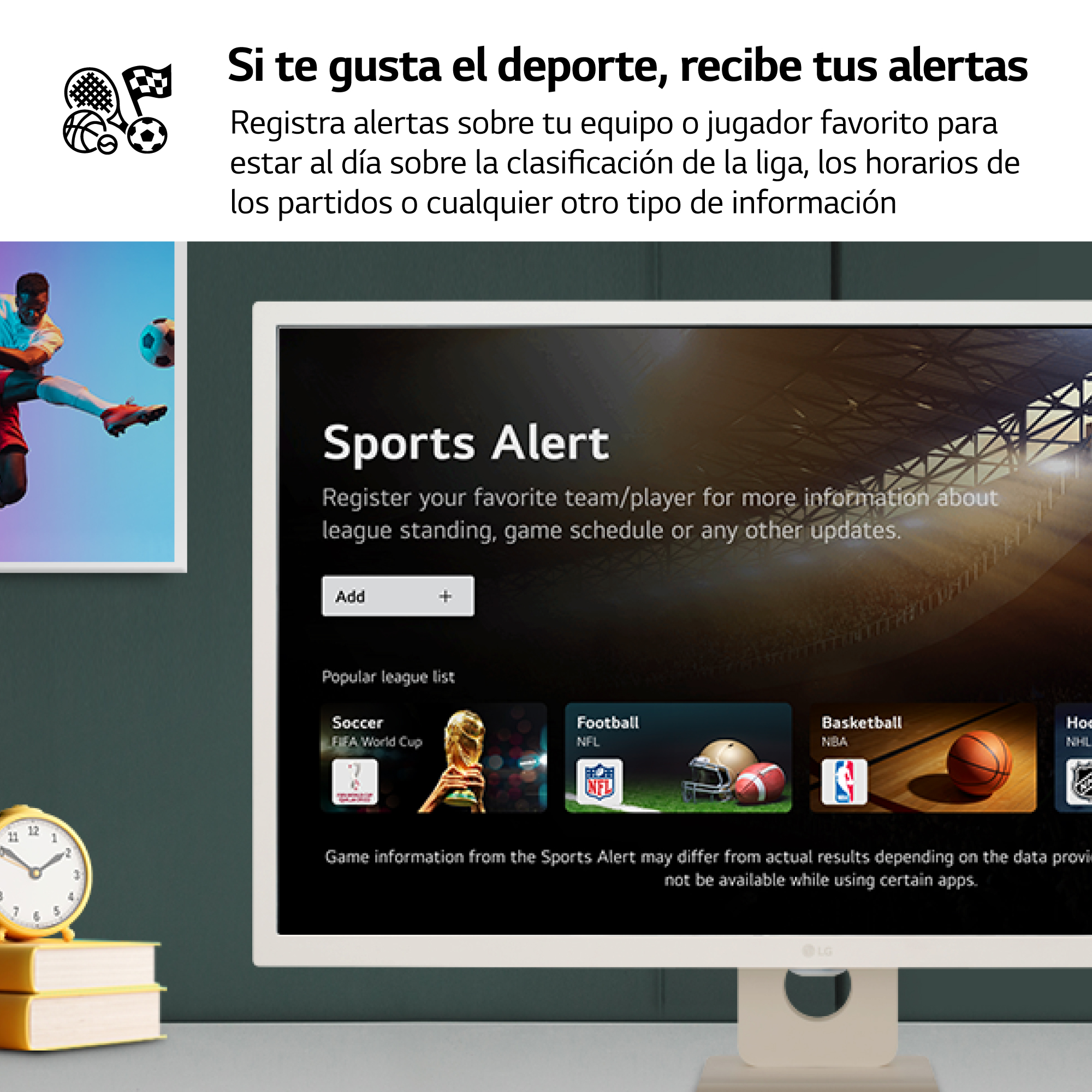 TV mostrando interfaz de alerta deportiva. Iconos de fútbol, baloncesto. Texto en español.