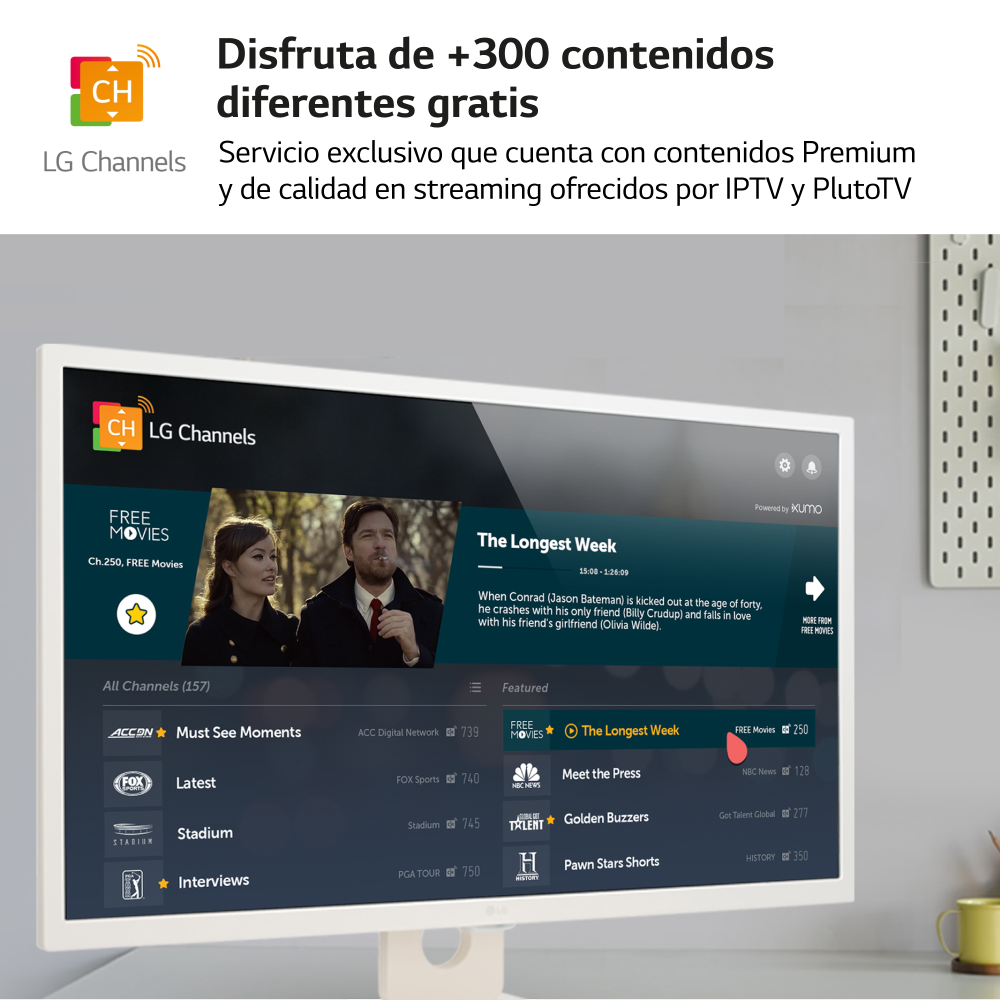 Pantalla de televisión que muestra la interfaz de LG Channels y una escena de película.