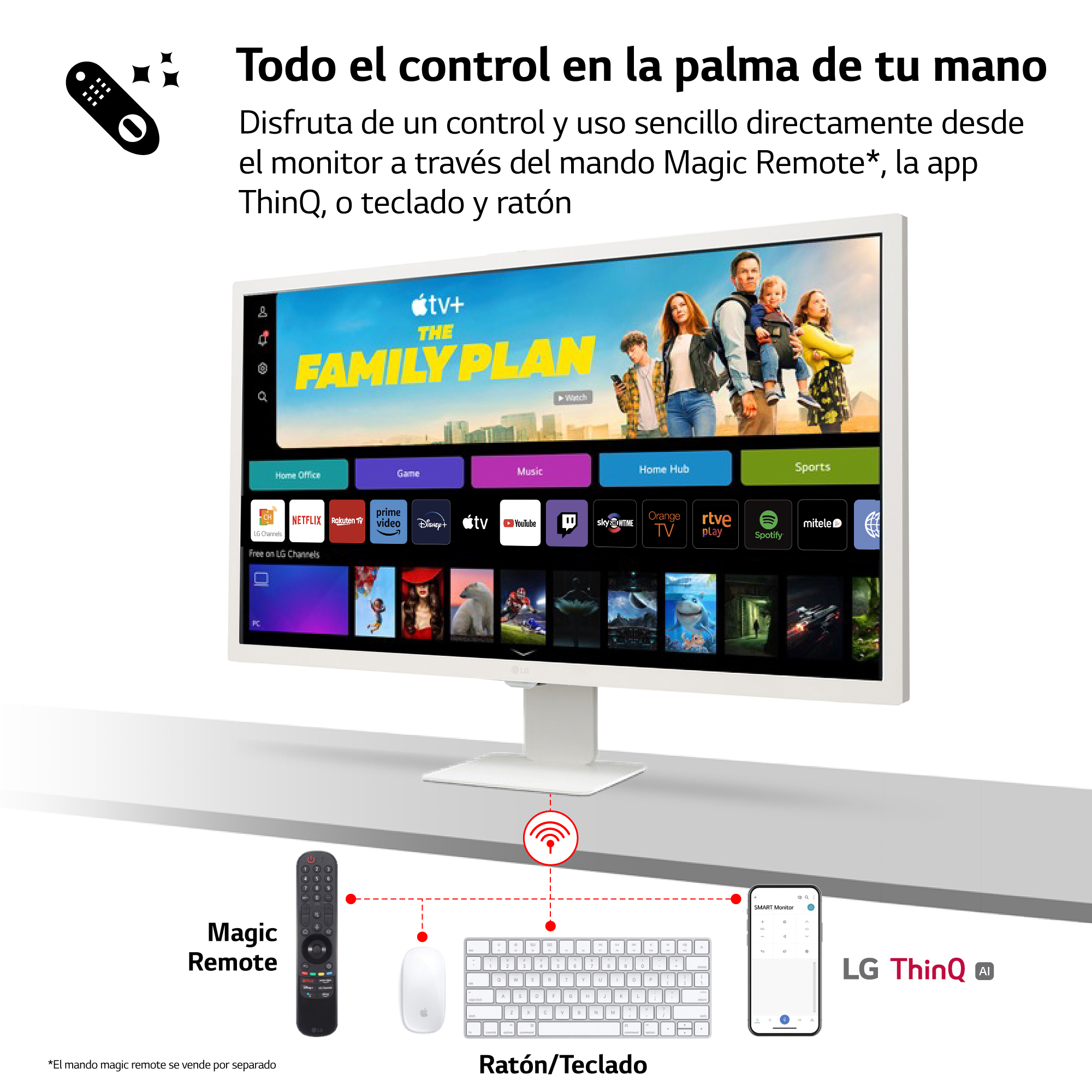 Un monitor blanco muestra una interfaz de programa de televisión con un mando, un ratón y un teclado delante.