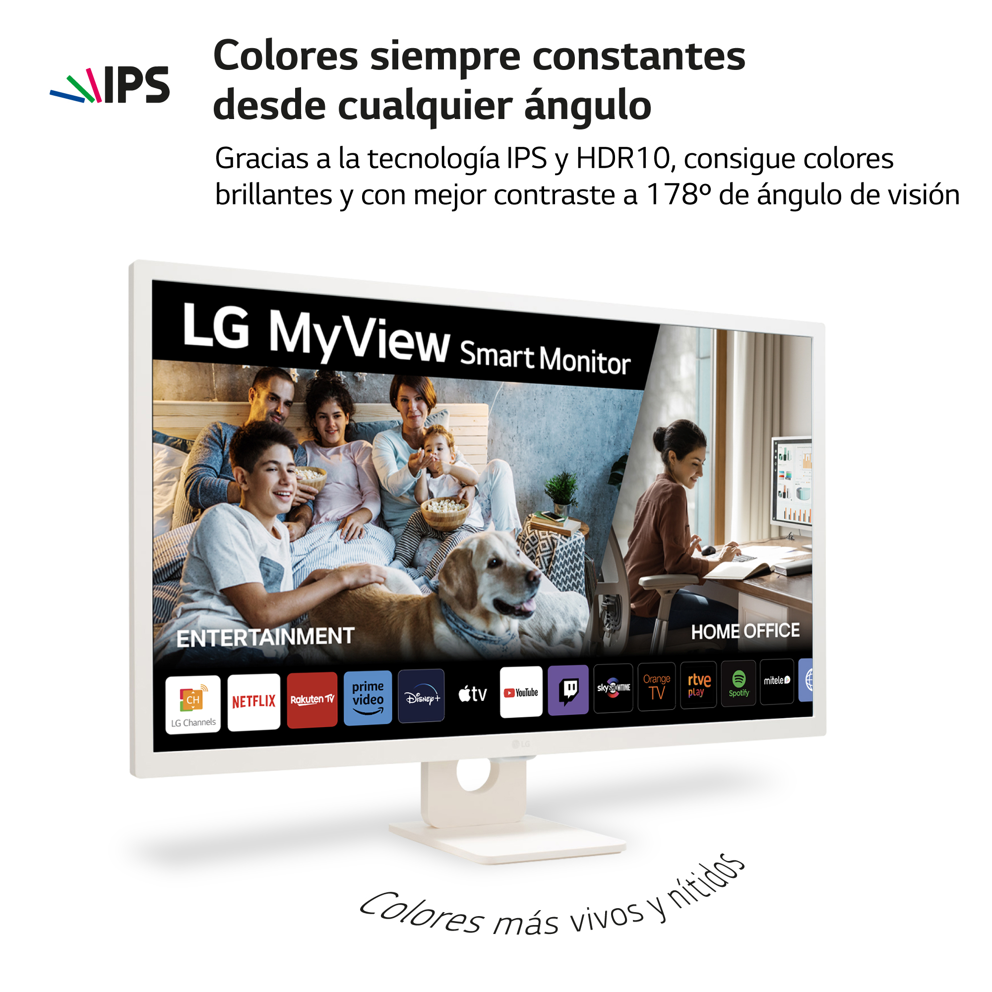 Monitor blanco que muestra una familia. Texto: Colores siempre constantes desde cualquier ángulo.