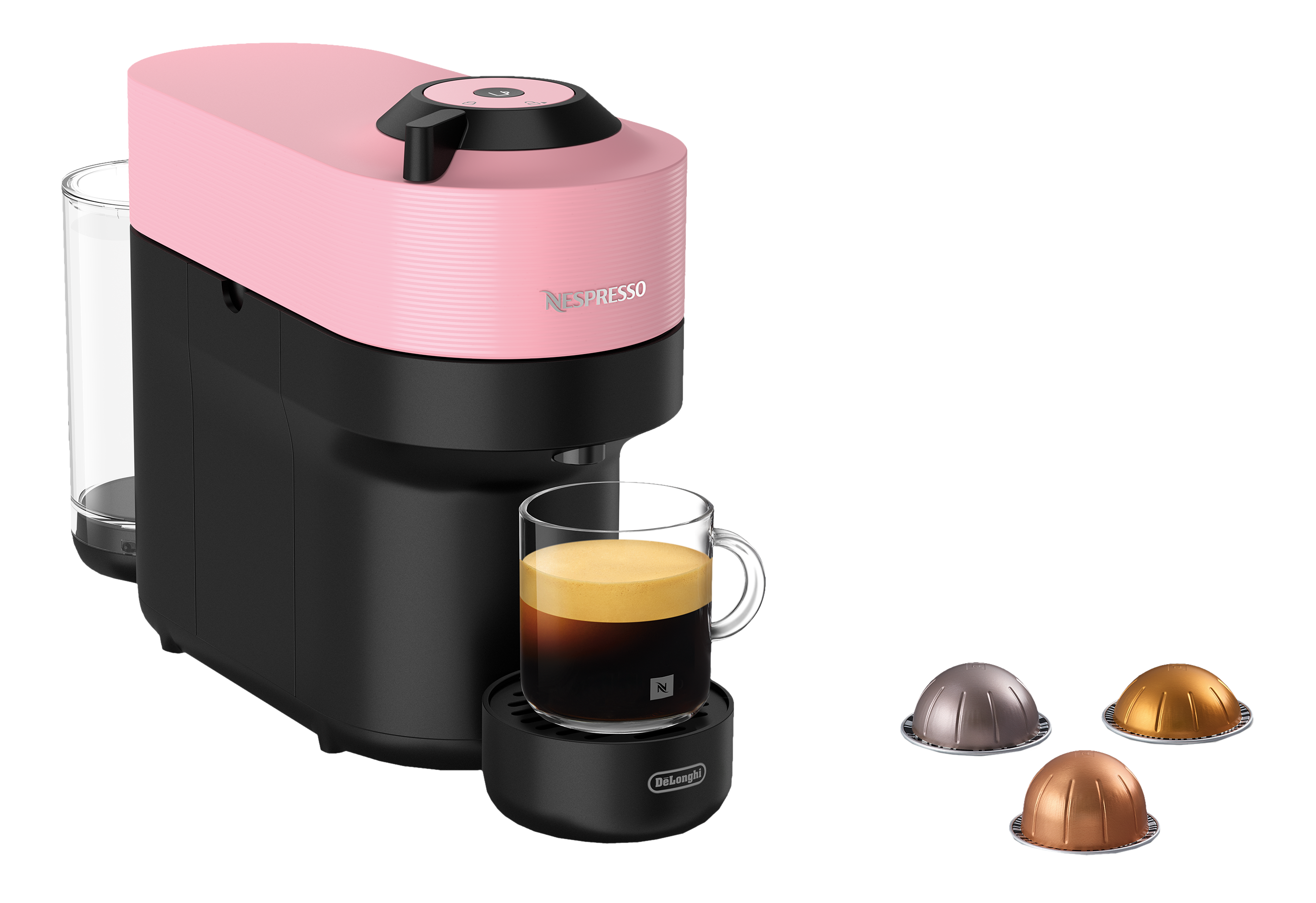 Machine Nespresso rose et noire avec un verre de café et trois capsules de café.