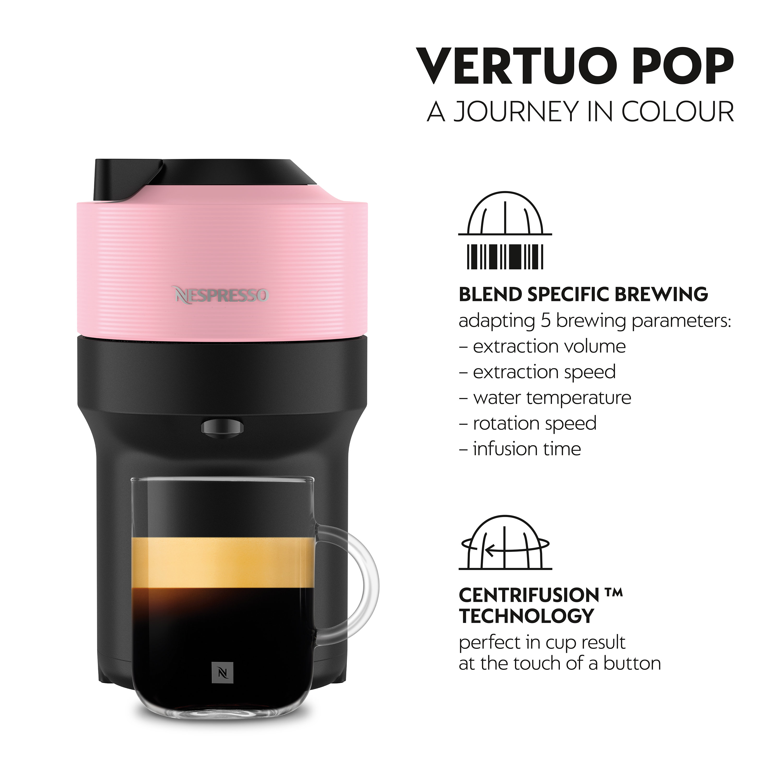 Une machine à café Nespresso Vertuo Pop rose avec un verre de café et des graphiques informatifs.