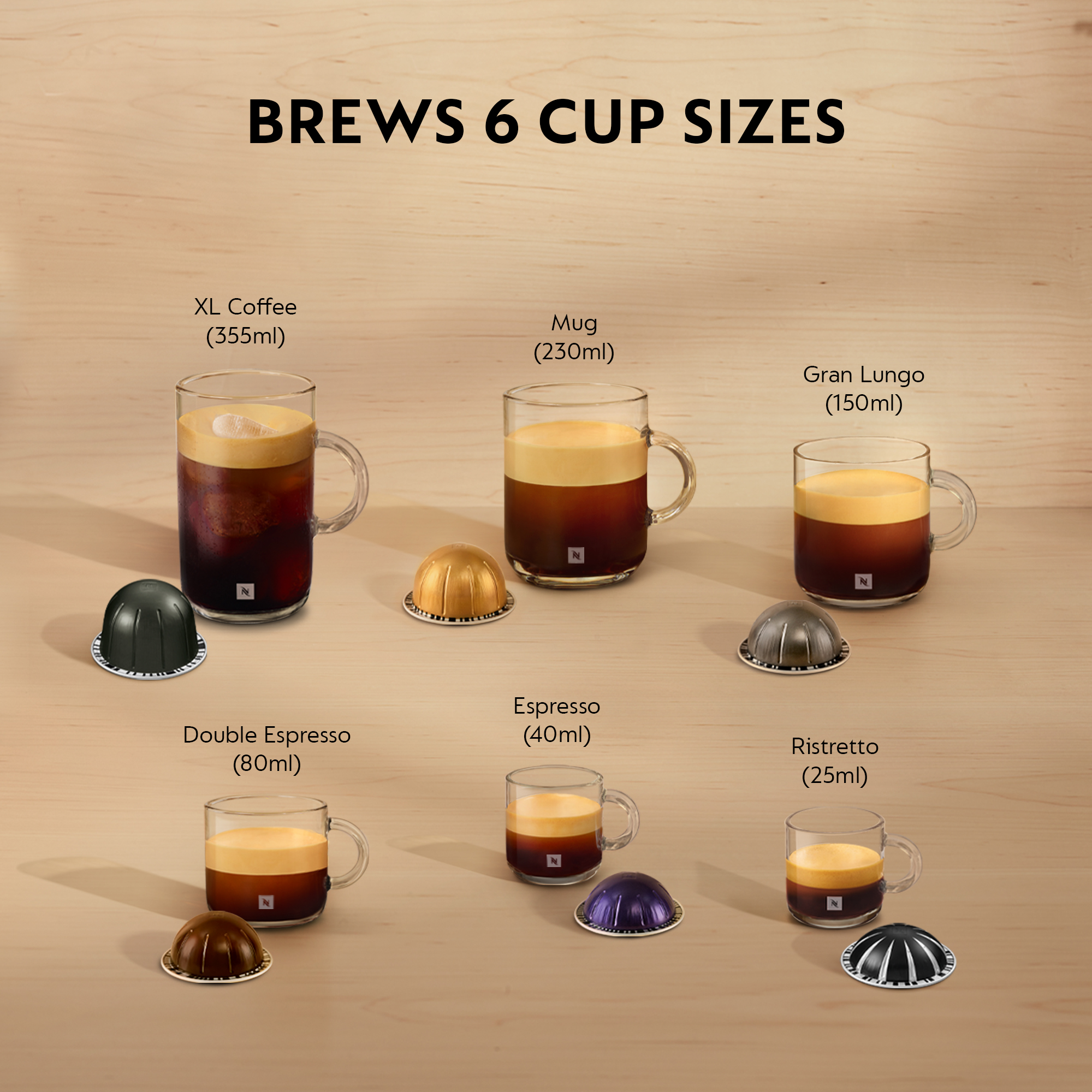 Six tasses de café avec différents types de café et dosettes, sur fond en bois, avec 6 tailles de tasses.
