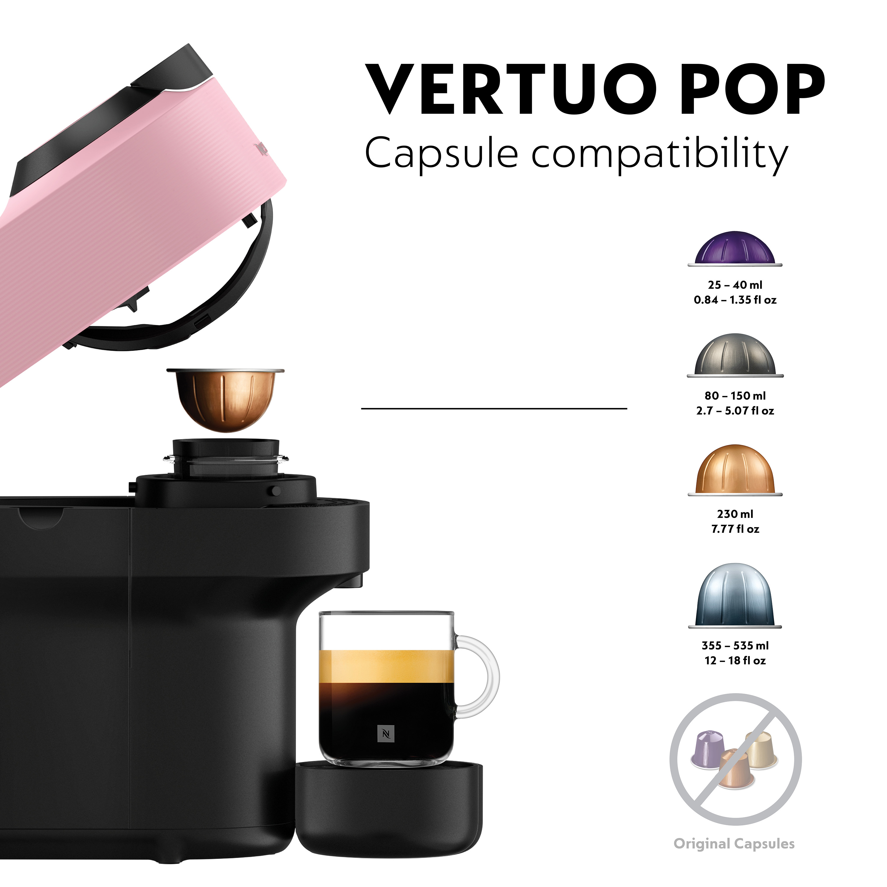 Machine à café Nespresso Vertuo Pop avec tableau de compatibilité des capsules.