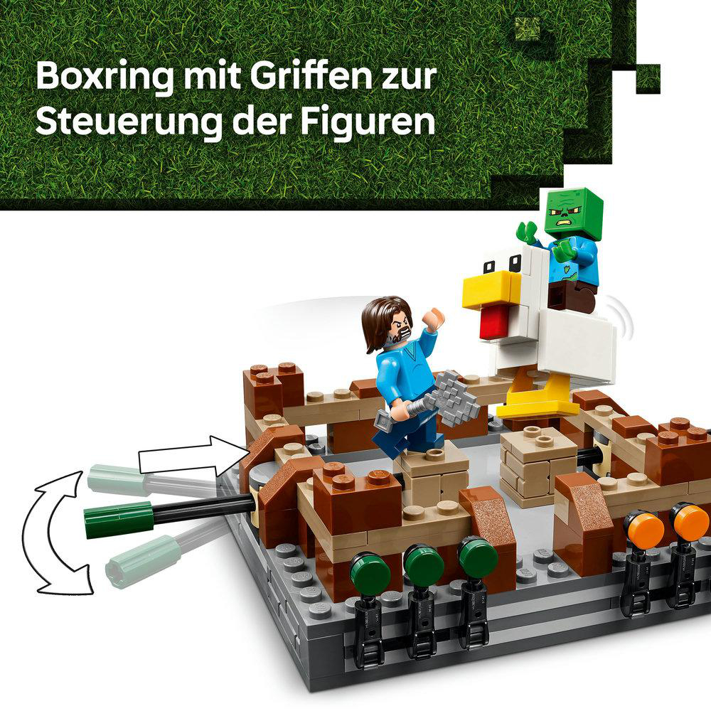 Lego-Set mit einer Minecraft-Szene mit einem Huhn, einem Zombie, einer Figur und einem Gebäude.