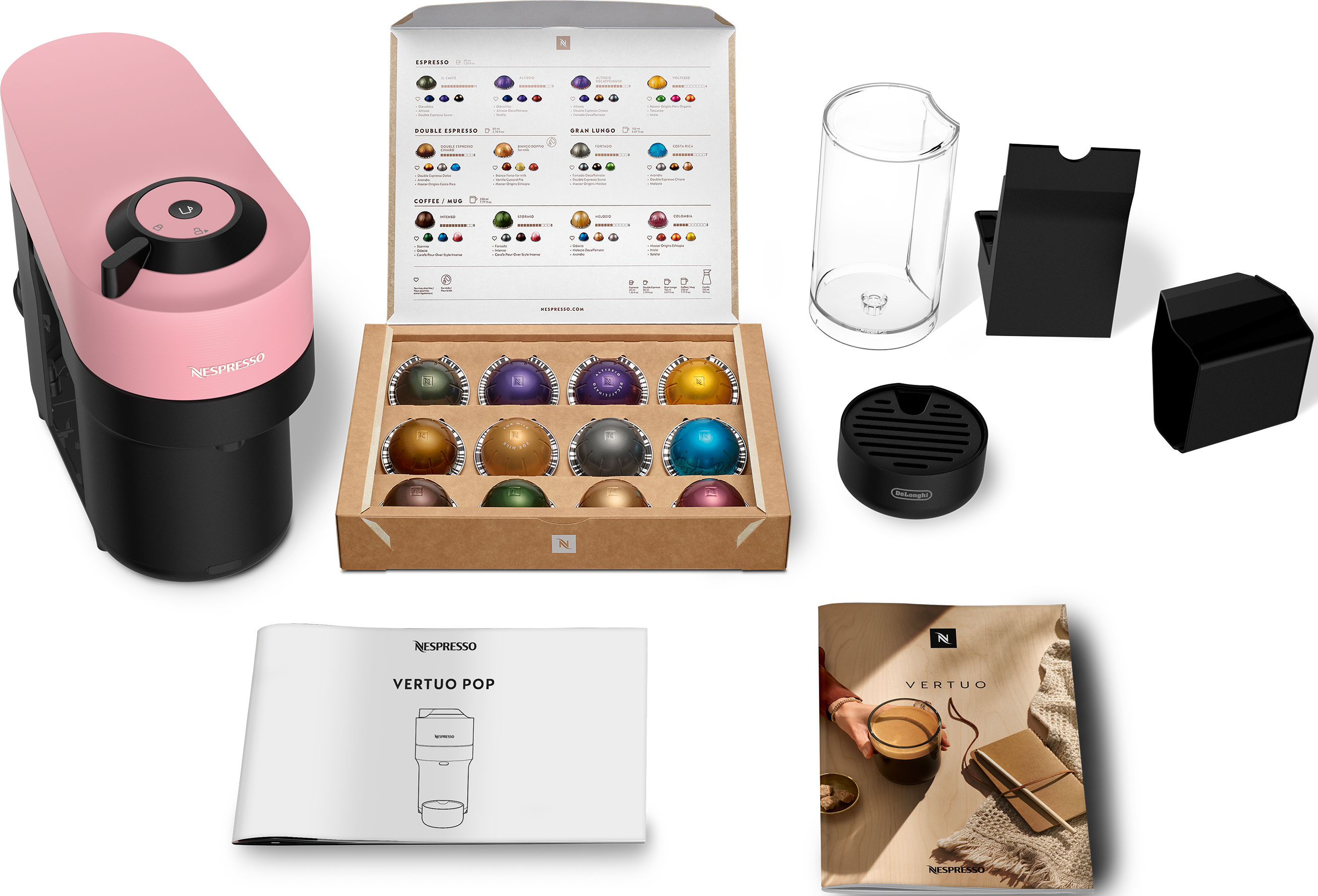 Machine Nespresso Vertuo Pop rose avec capsules, accessoires et manuels, le tout sur une surface blanche.