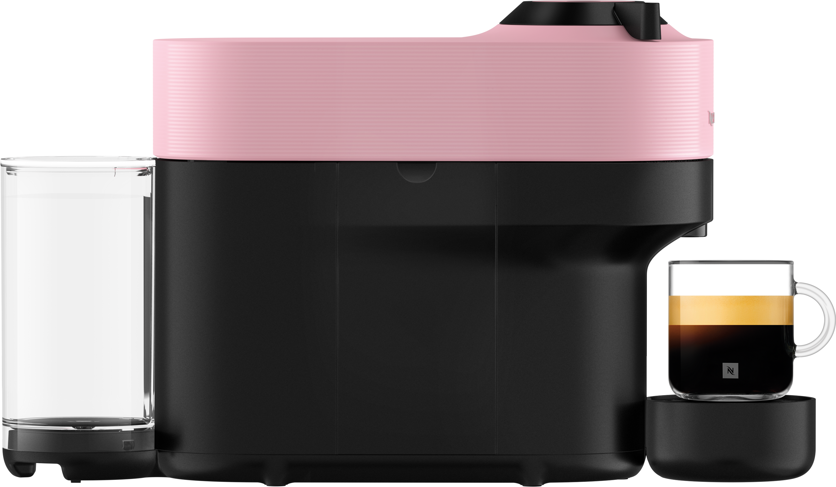 Machine à café Nespresso rose et noire, avec café et réservoir d'eau.