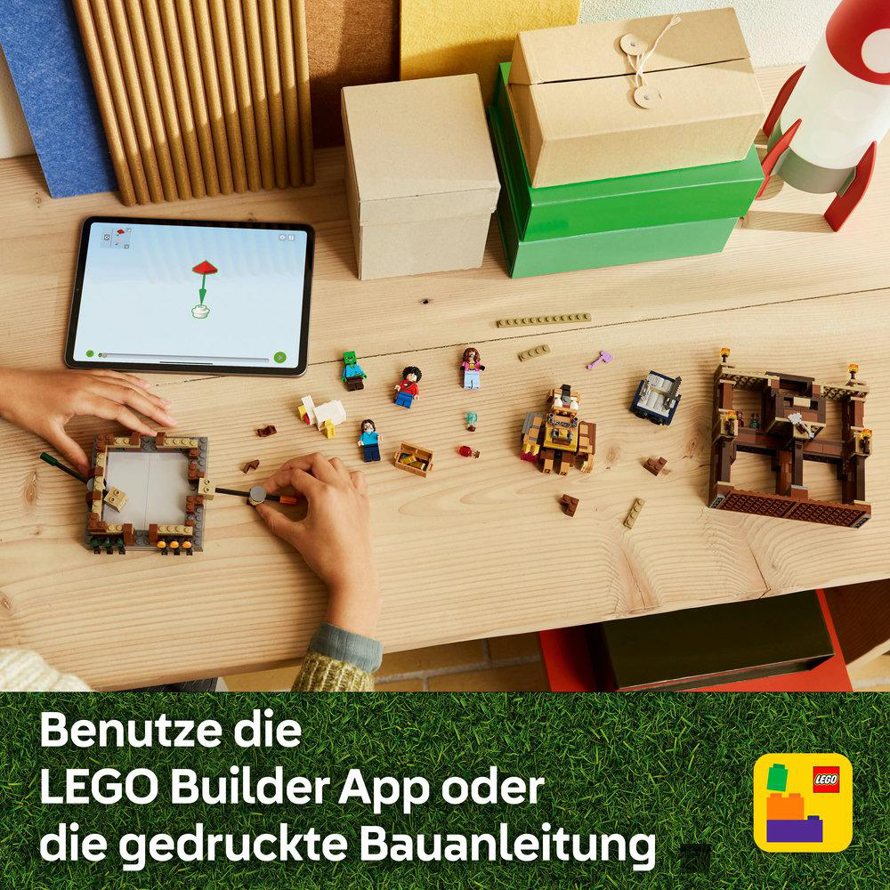 Lego-Szene mit Figuren und Bauanleitung.