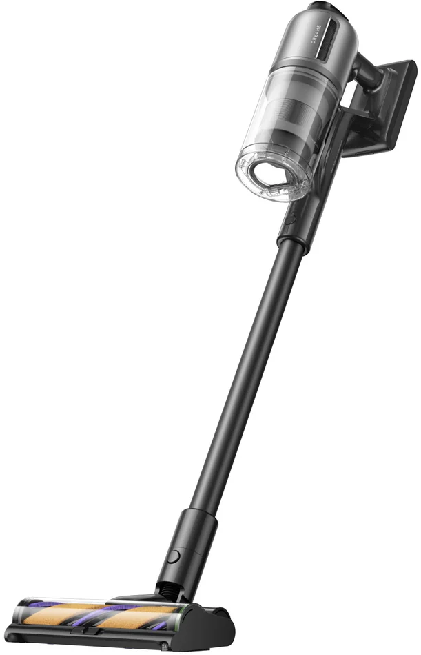 Kabelloser Staubsauger in Schwarz und Silber. Transparenter Staubbehälter, grauer Griff und motorisierter Bürstenkopf.