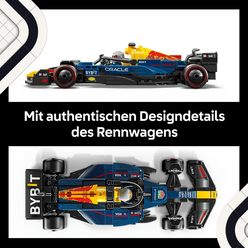 Ein LEGO-Modell eines Formel-1-Autos, in Blau, Gelb und Rot, von der Seite und von oben gesehen.