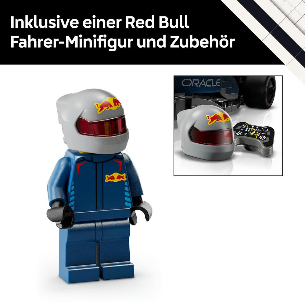 LEGO Red Bull Rennfahrer-Minifigur mit Zubehör.