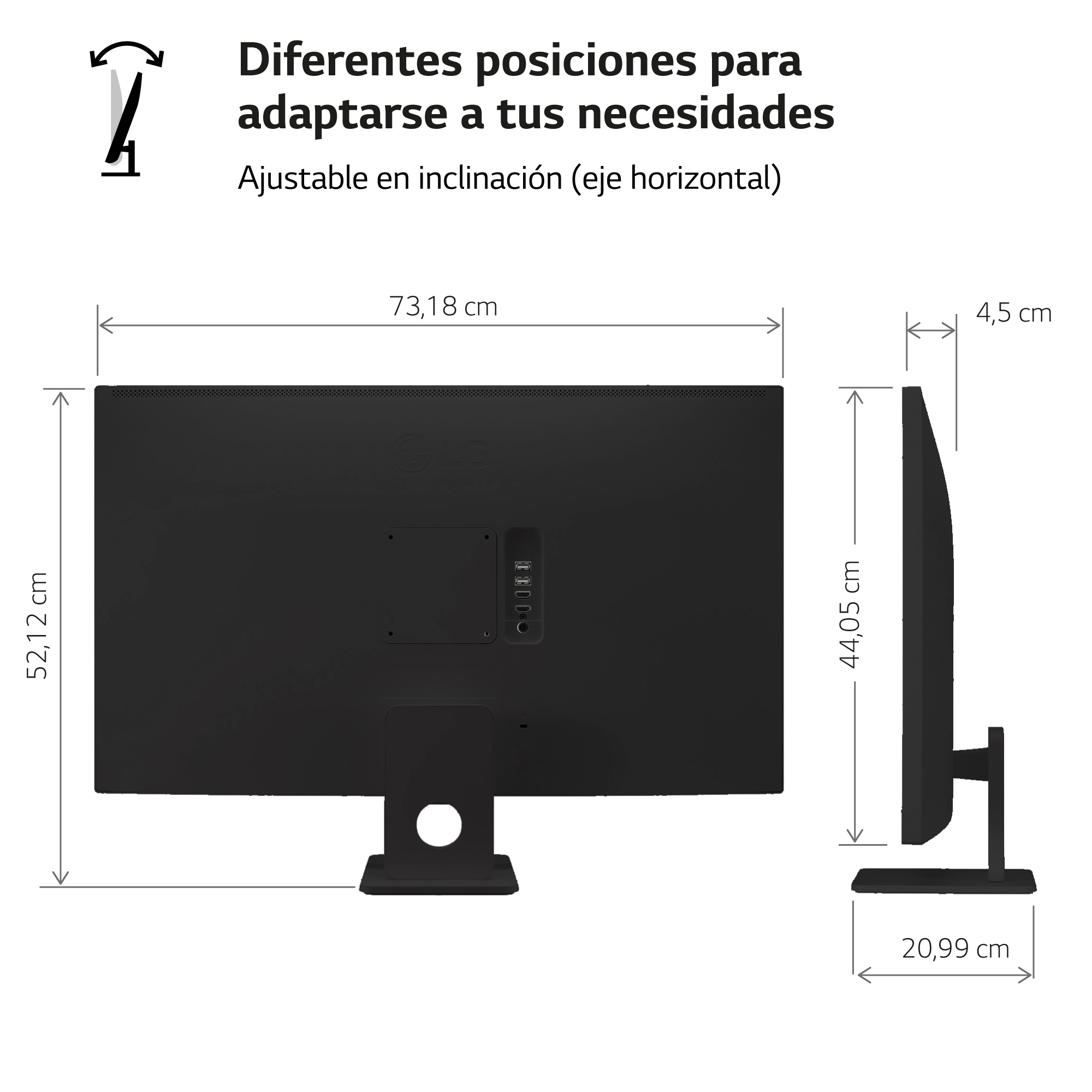 Monitor negro con dimensiones. Incluye inclinación ajustable.