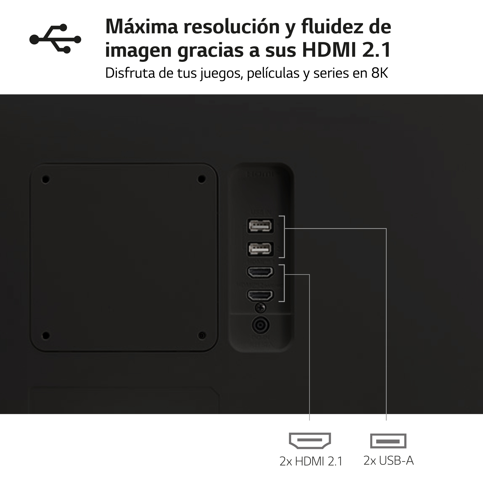 Vista trasera de un televisor negro con puertos y texto sobre HDMI 2.1 y USB-A.