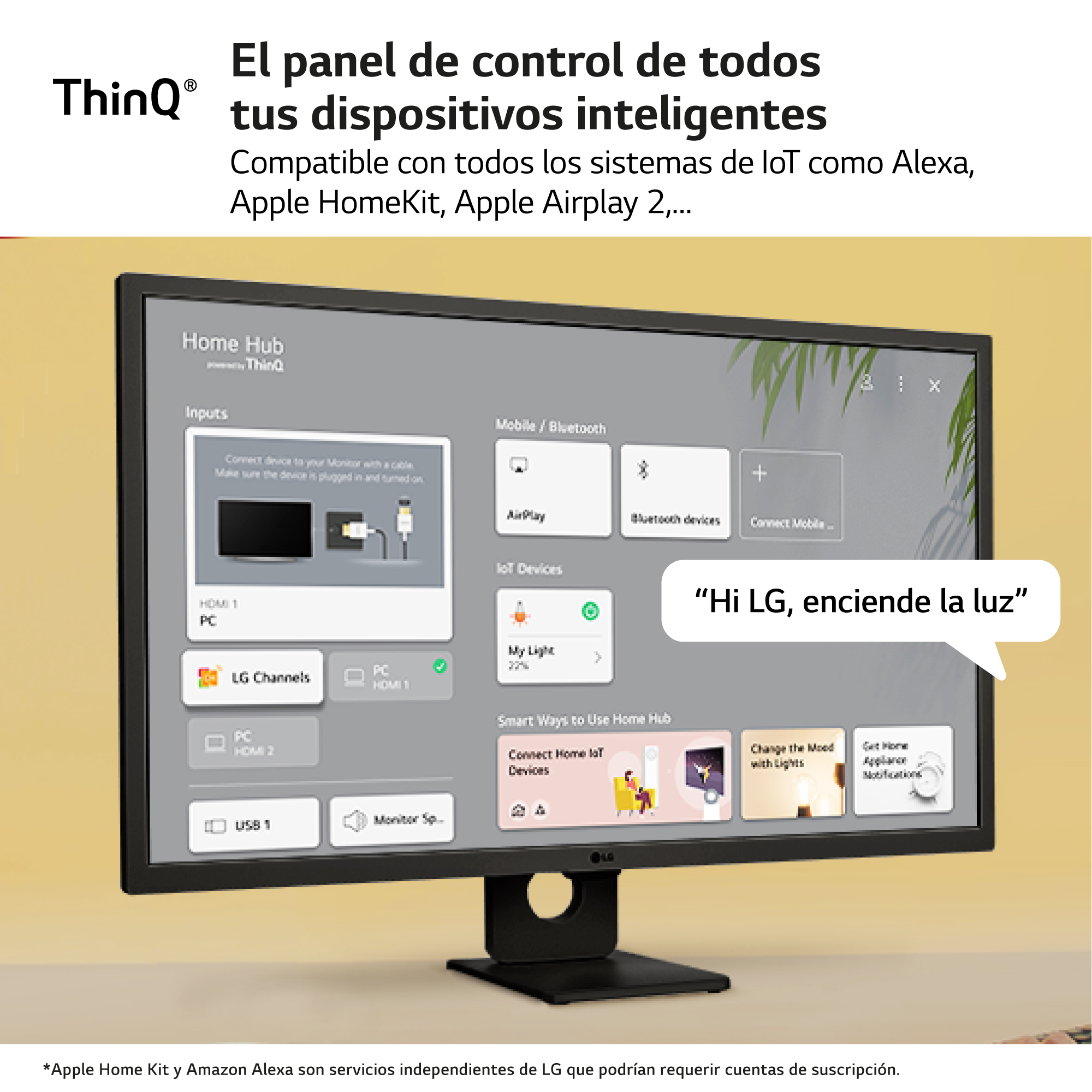 Monitor mostrando una interfaz de hogar inteligente. Texto sobre dispositivos. Fondo amarillo.