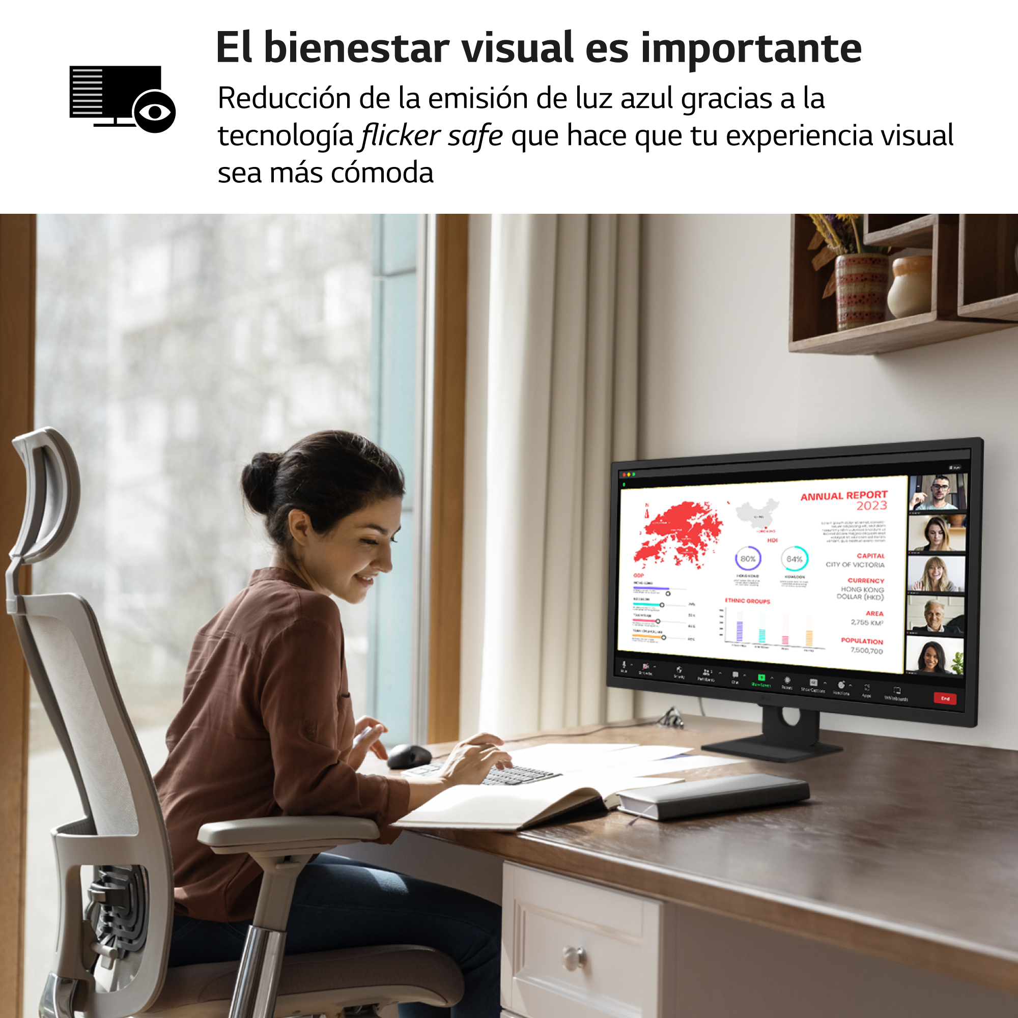 Mujer sentada en un escritorio usando un monitor, se muestra un gráfico y texto sobre el cuidado ocular.