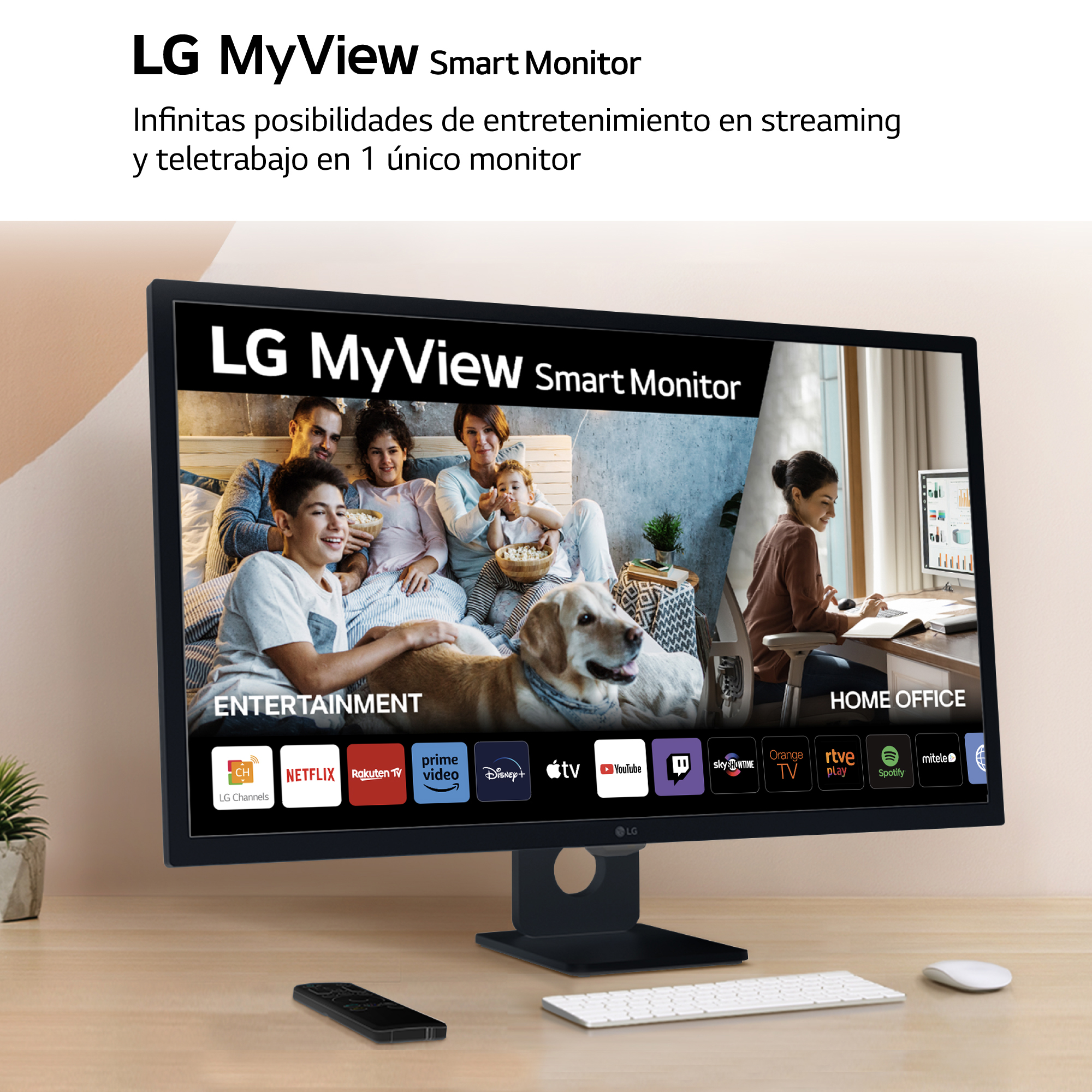 LG MyView Smart Monitor, mostrando una familia viendo la televisión. Texto, iconos y aplicaciones.