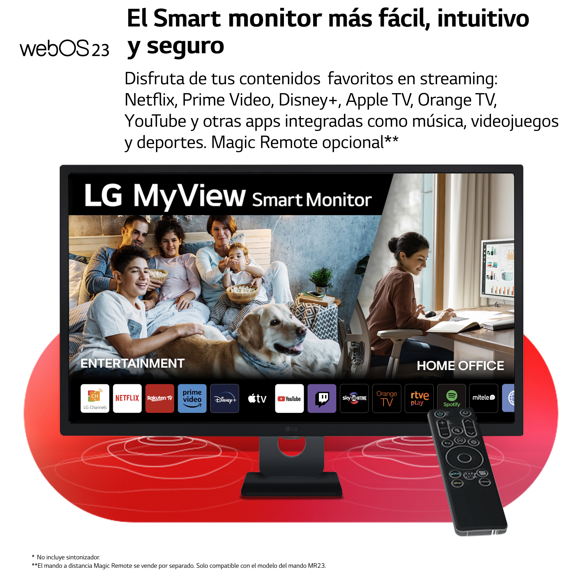 Monitor inteligente LG MyView mostrando aplicaciones de streaming en pantalla. Mando a distancia en primer plano.