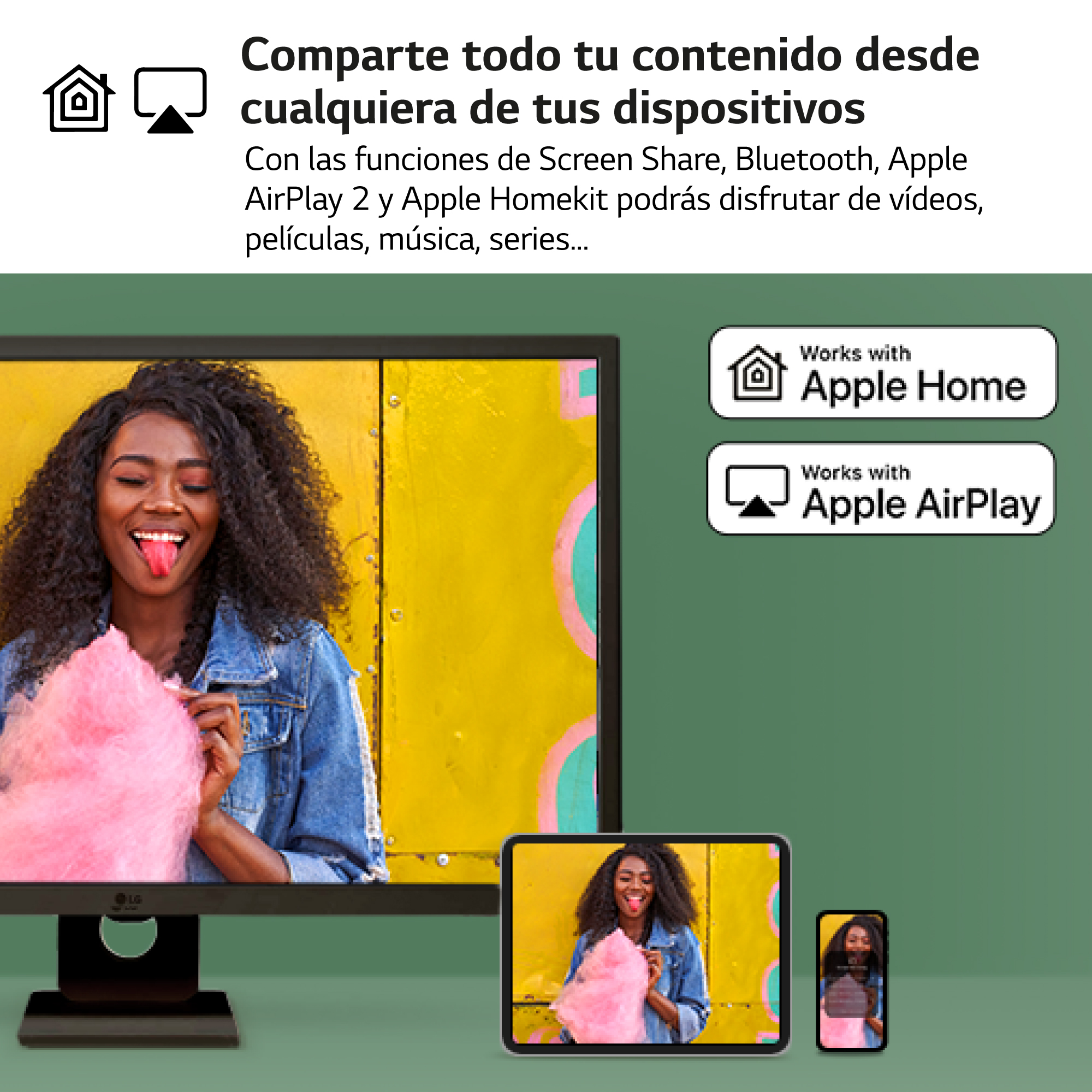 Una mujer sacando la lengua junto a un monitor, una tableta y un teléfono con imágenes similares.
