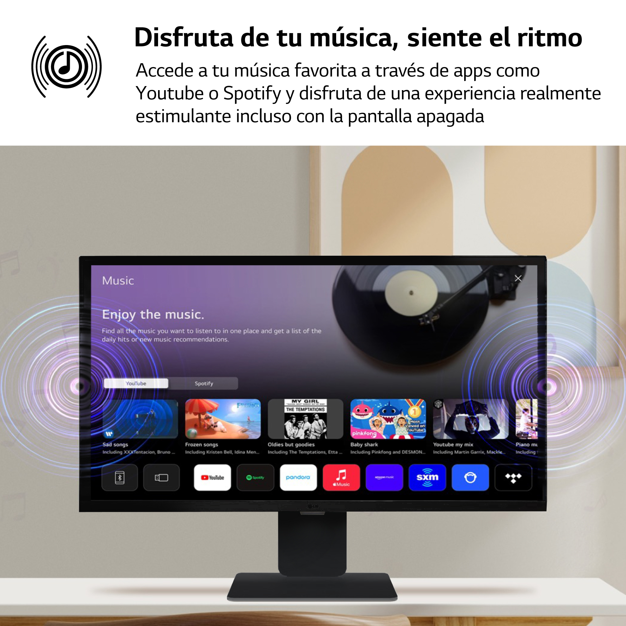 Una pantalla de reproductor de música muestra aplicaciones. Disco de vinilo en un tocadiscos. Formas beige y moradas en el fondo.