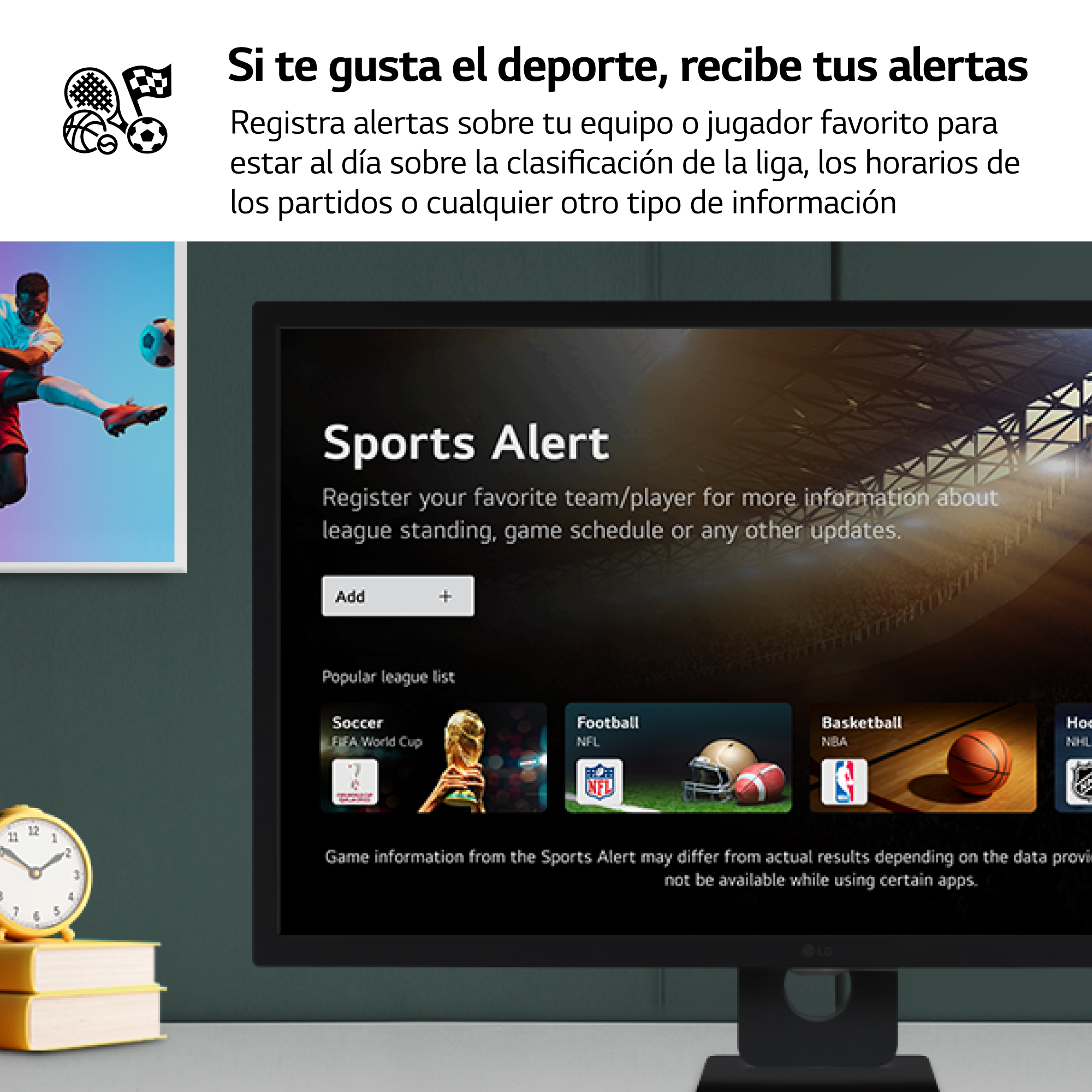 Alerta deportiva en un televisor, con iconos deportivos y horarios de partidos visibles.