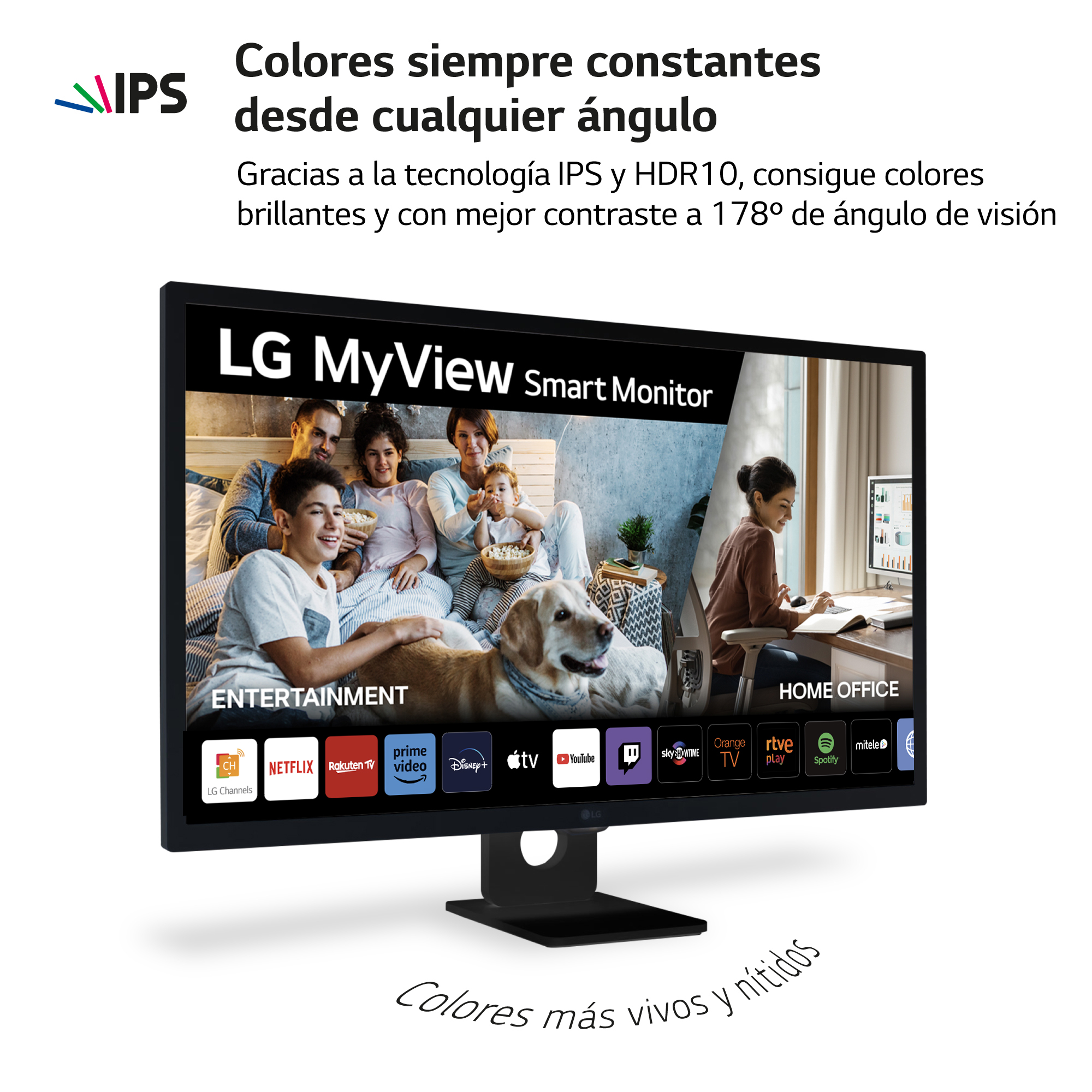 Un monitor LG negro muestra a una familia viendo la televisión. La pantalla muestra opciones de entretenimiento.