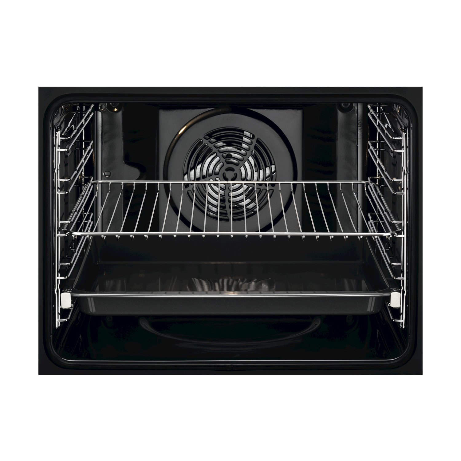 Interno di un forno nero. Griglie metalliche e una teglia nera visibili contro un interno scuro.