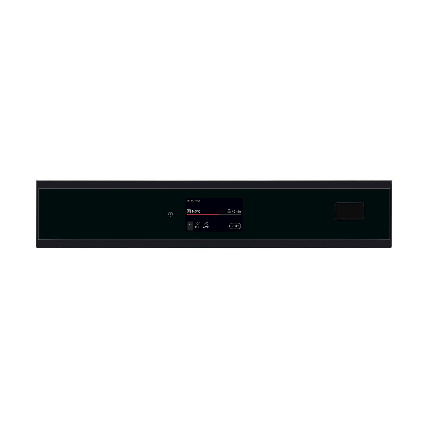 Pannello di controllo nero del forno con un piccolo display che mostra ora, temperatura e timer. Ha un pulsante di arresto.