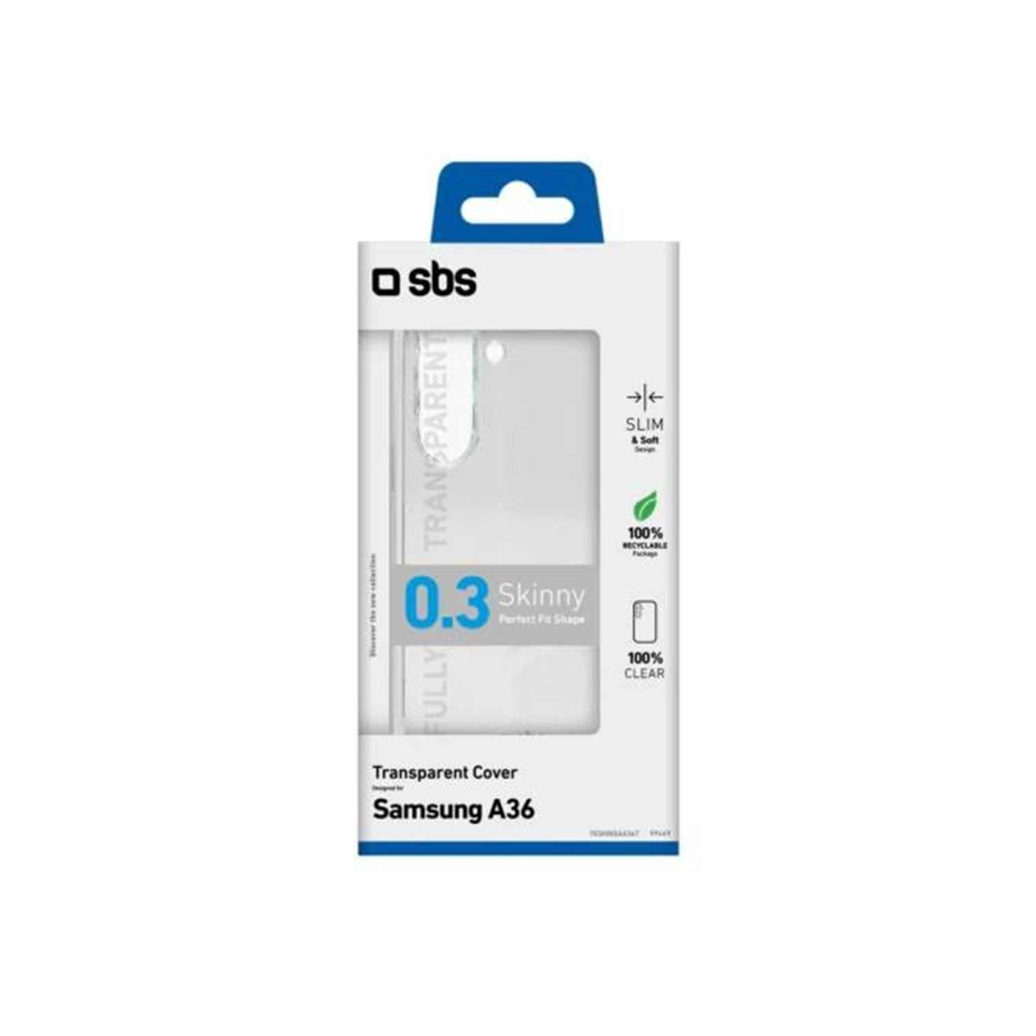 Emballage de coque transparente : "0.3 Skinny", "100% Clear", "Samsung A36".