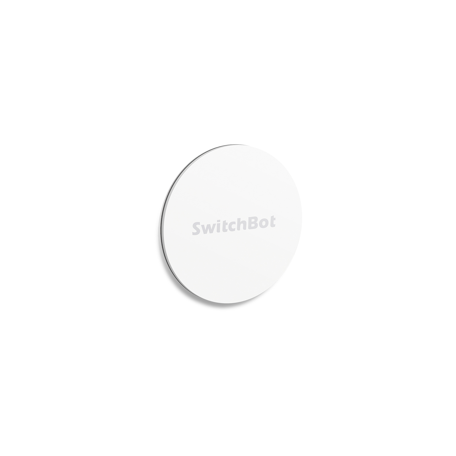 Ein weißes, rundes SwitchBot-Gerät. Das Gerät ist zentriert und trägt das SwitchBot-Logo.