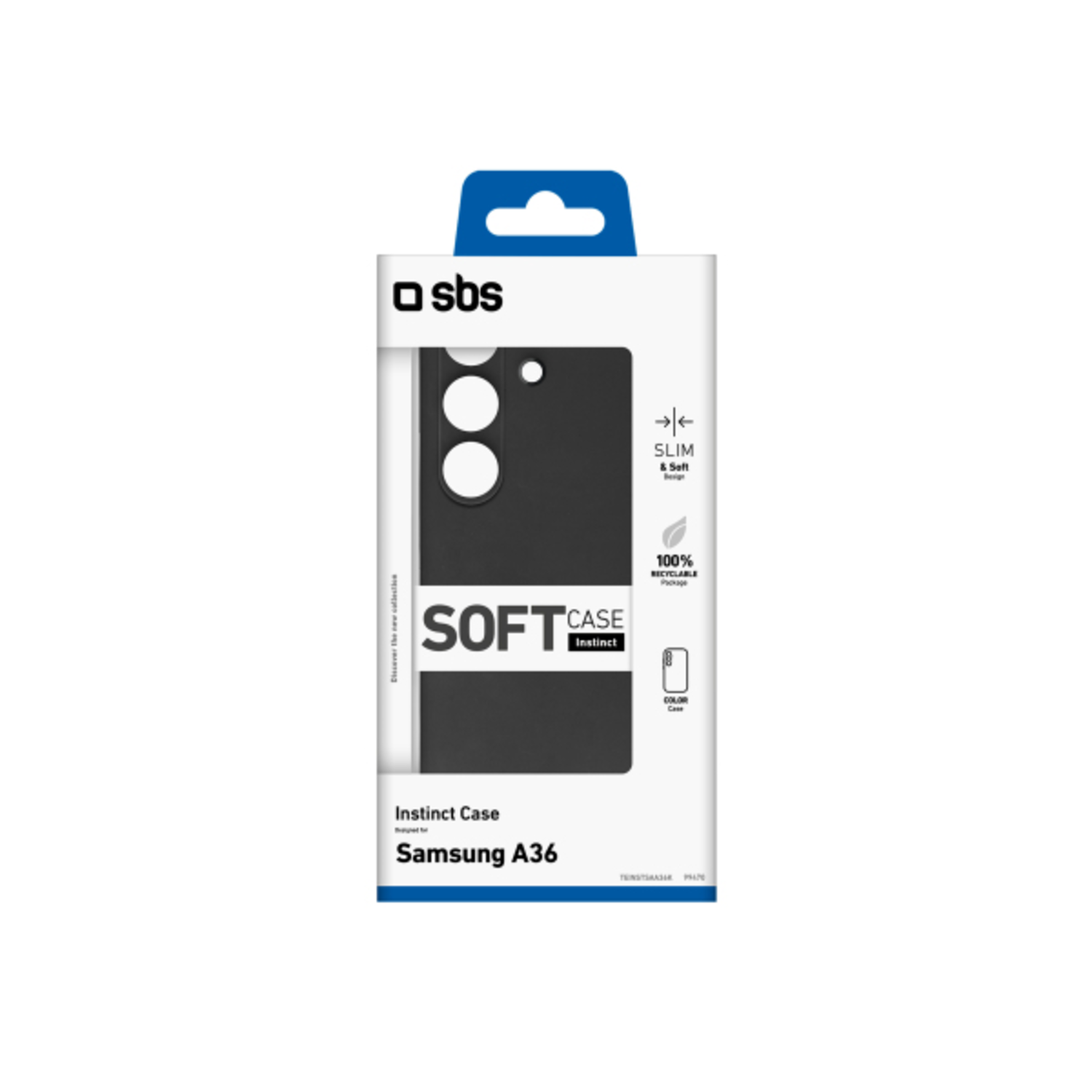 Zwarte telefoonhoes in een witte doos met het merk SBS en de woorden SOFT case, voor Samsung A36.