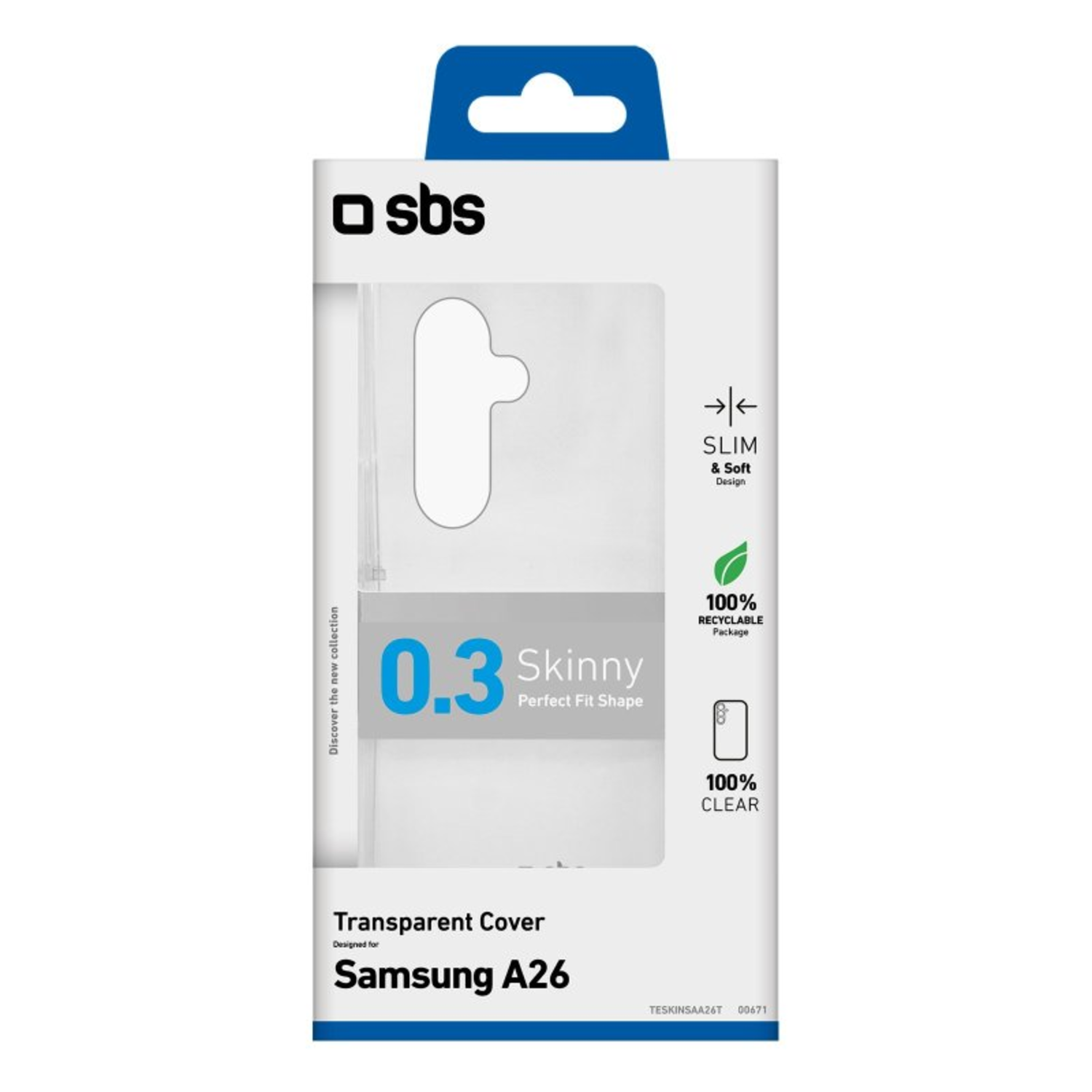 Emballage transparent d'étui de téléphone. L'étui est transparent, pour un Samsung A26. L'emballage montre un contour.