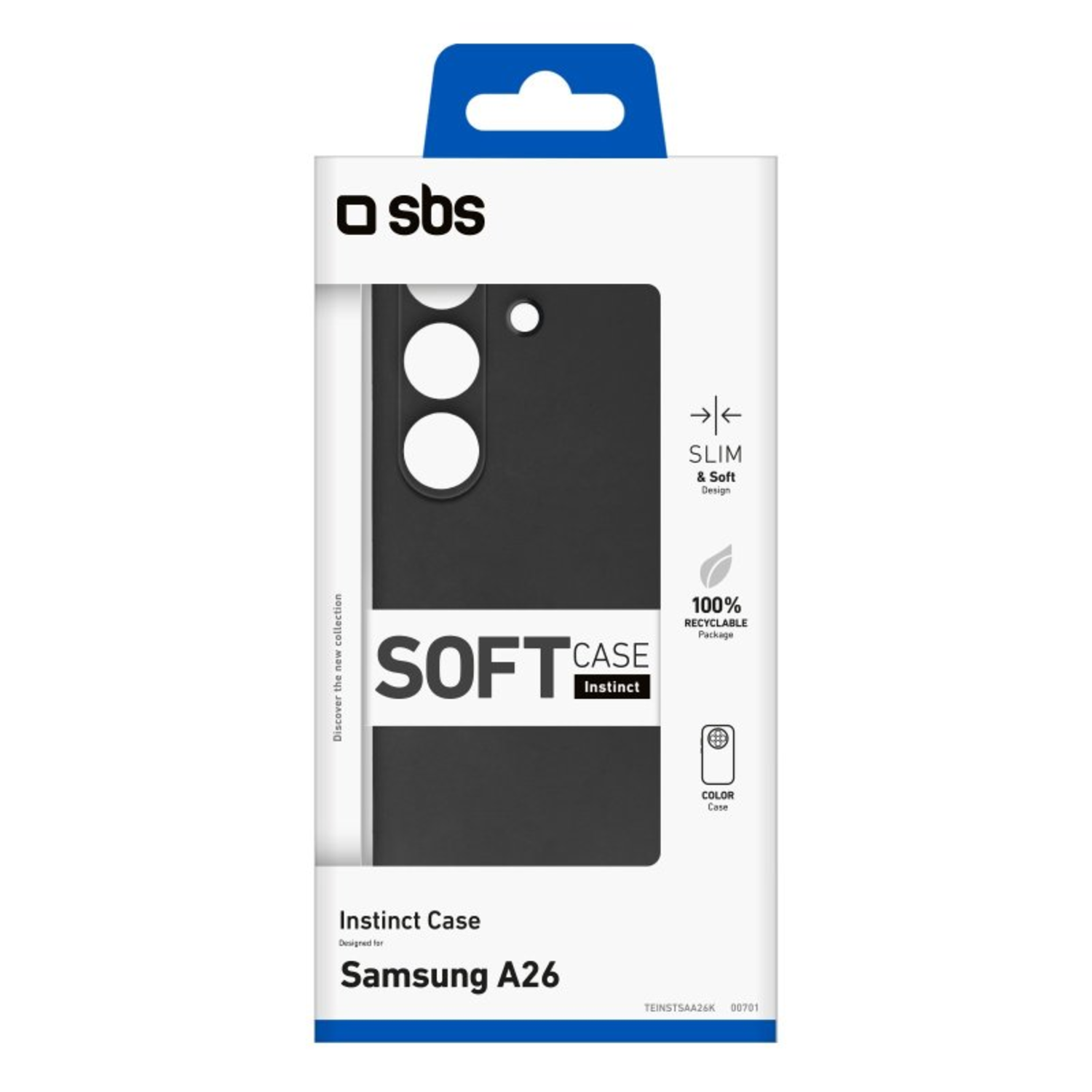Zwarte telefoonhoes voor Samsung A26, in een witte en transparante doos. De hoes is zacht.