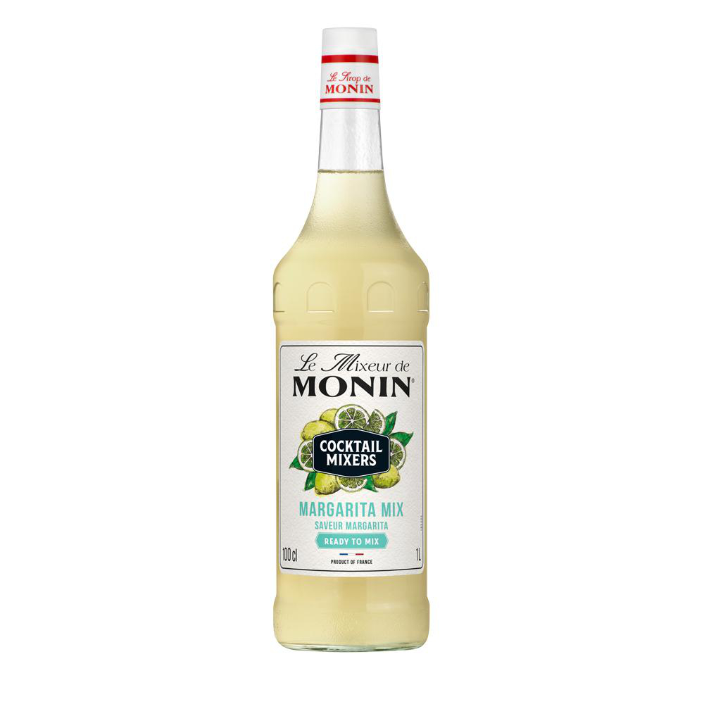 Monin Margarita Mix Flasche. Klare Flasche mit weißem und grünem Etikett. Das Etikett hat Zitronen darauf.