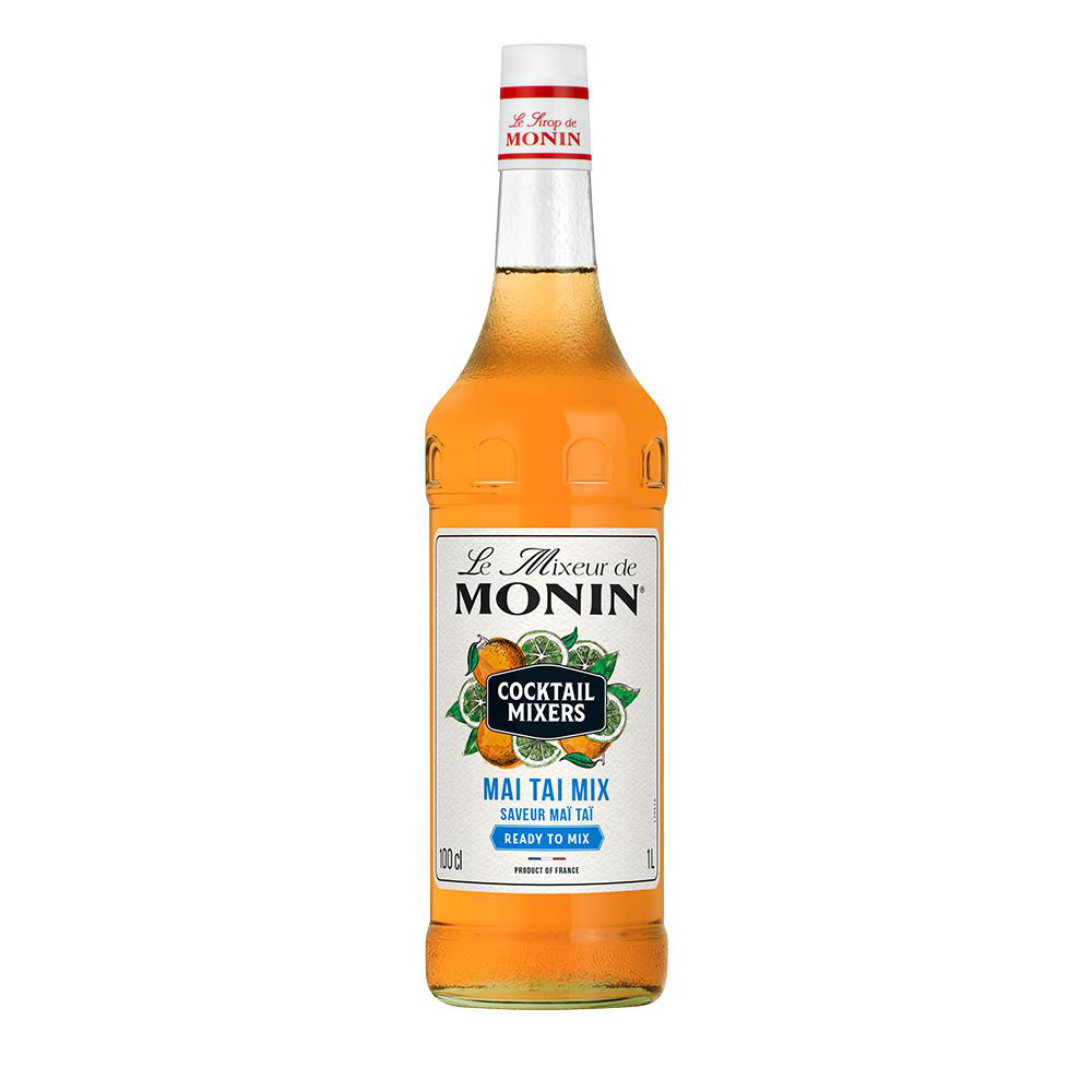 Monin Mai Tai Mix Flasche mit orangener Flüssigkeit und Cocktailzutaten-Bildern.
